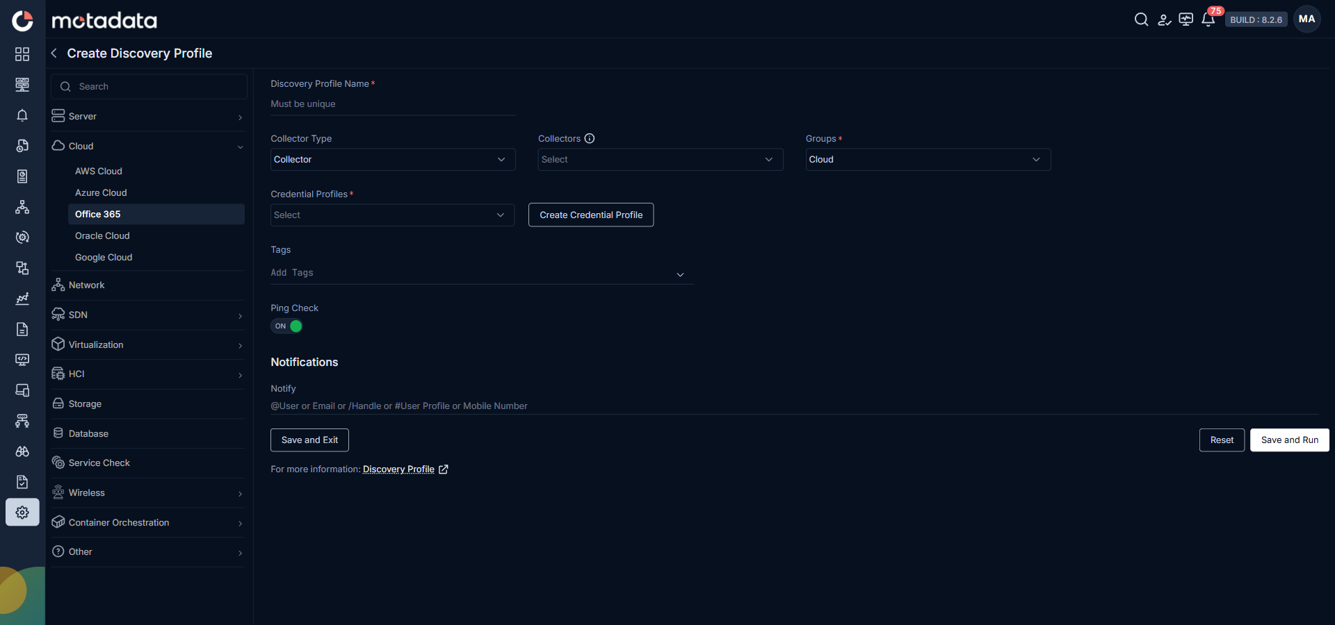 Discovery Profile form filled in with Office 365 Cloud details