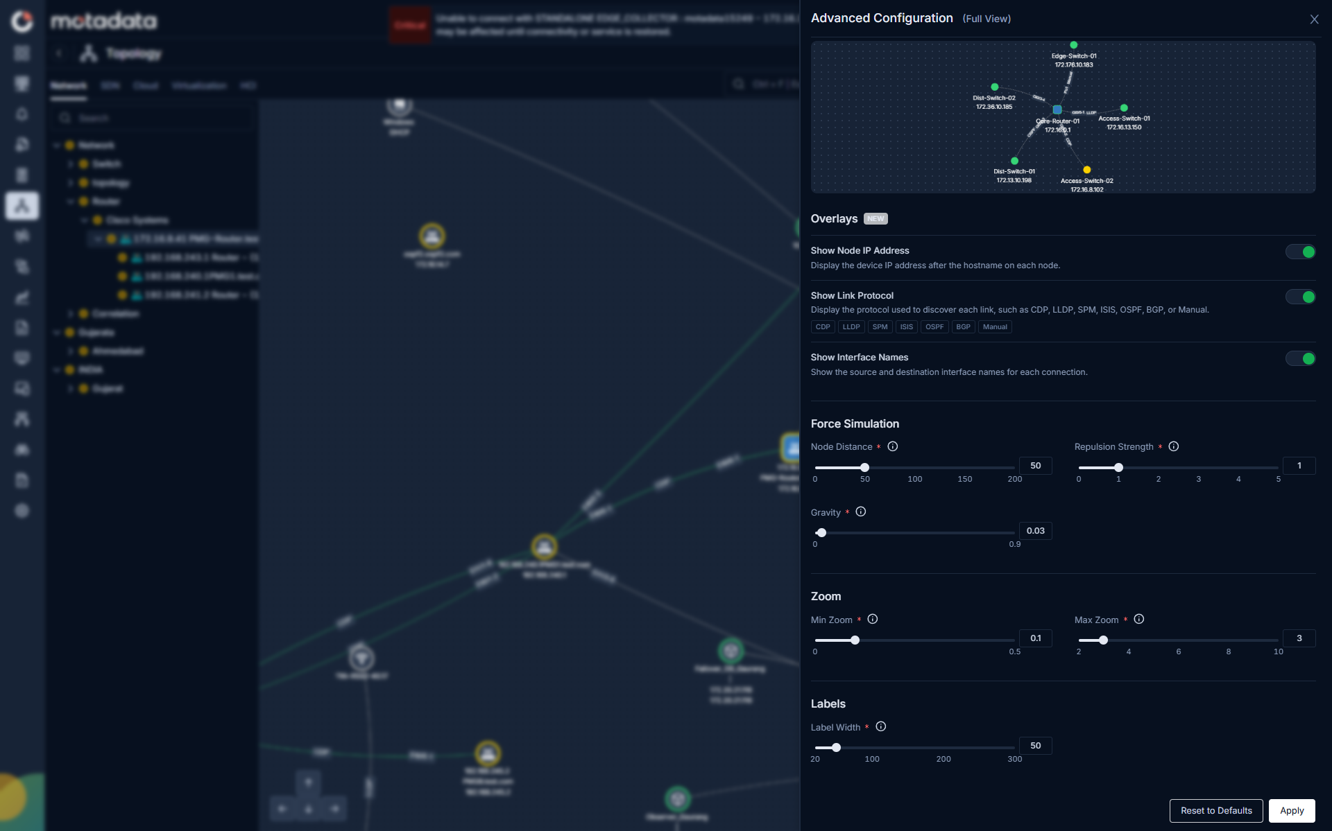 Advanced Configuration panel showing Force Simulation controls in ObserveOps Topology