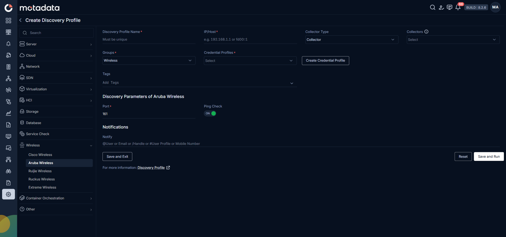 Discovery Profile form with Aruba Wireless discovery fields visible