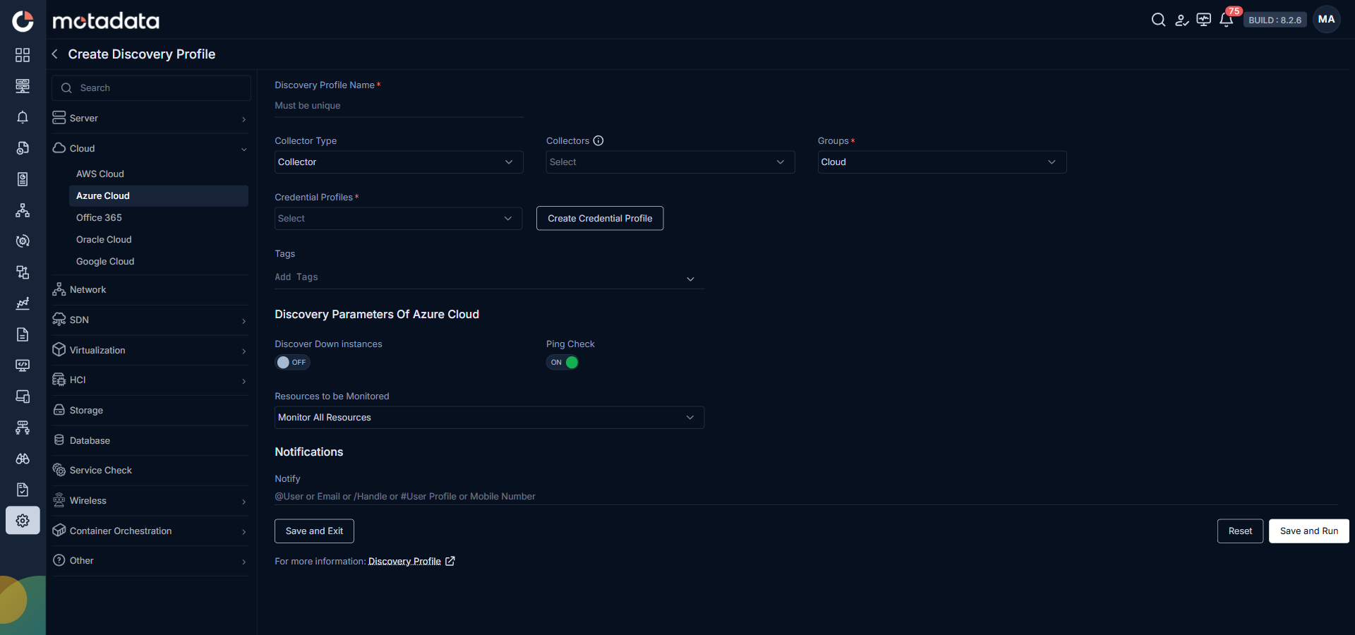 Discovery Profile form filled in with Azure Cloud details