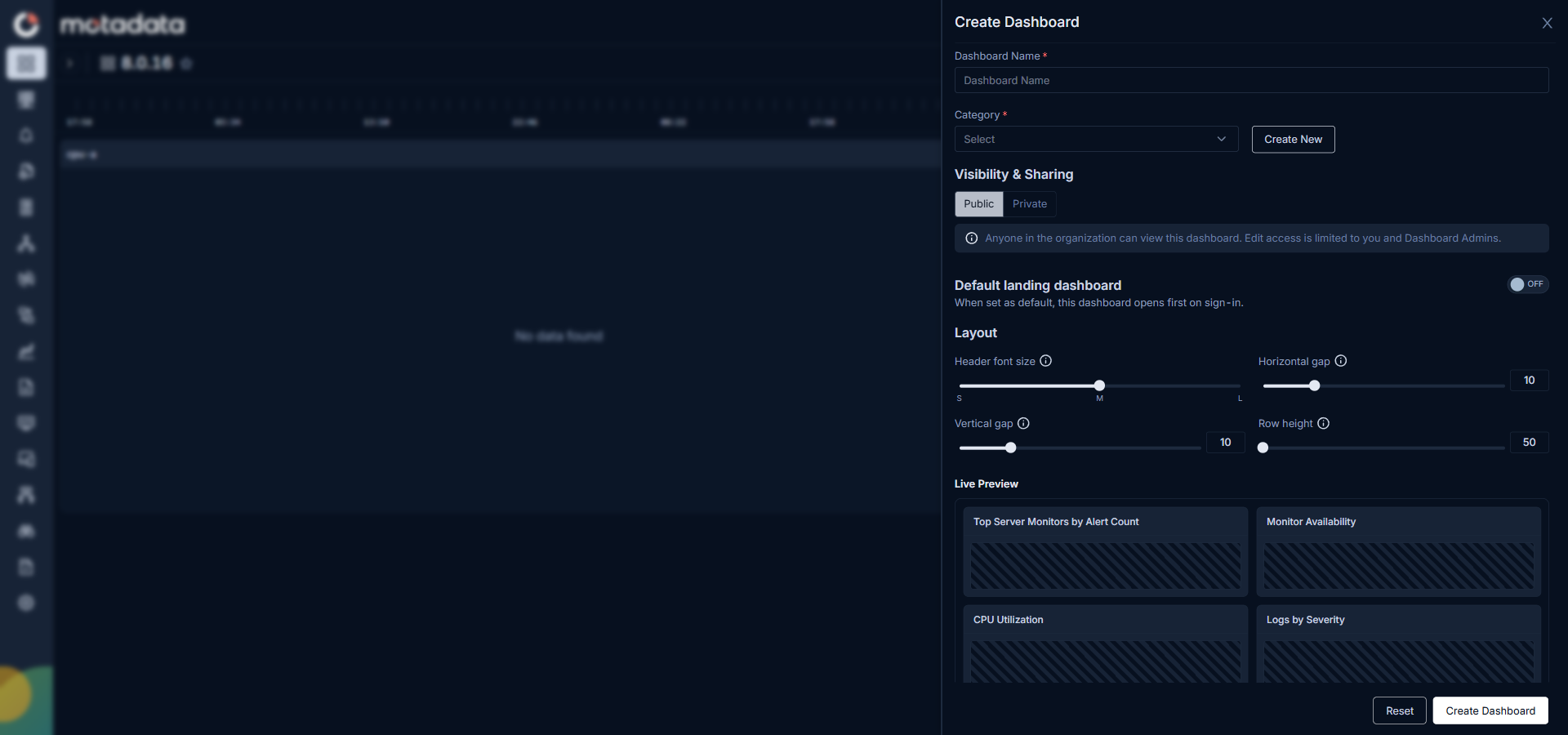 Create Dashboard panel showing name, category, visibility, layout, and live preview fields