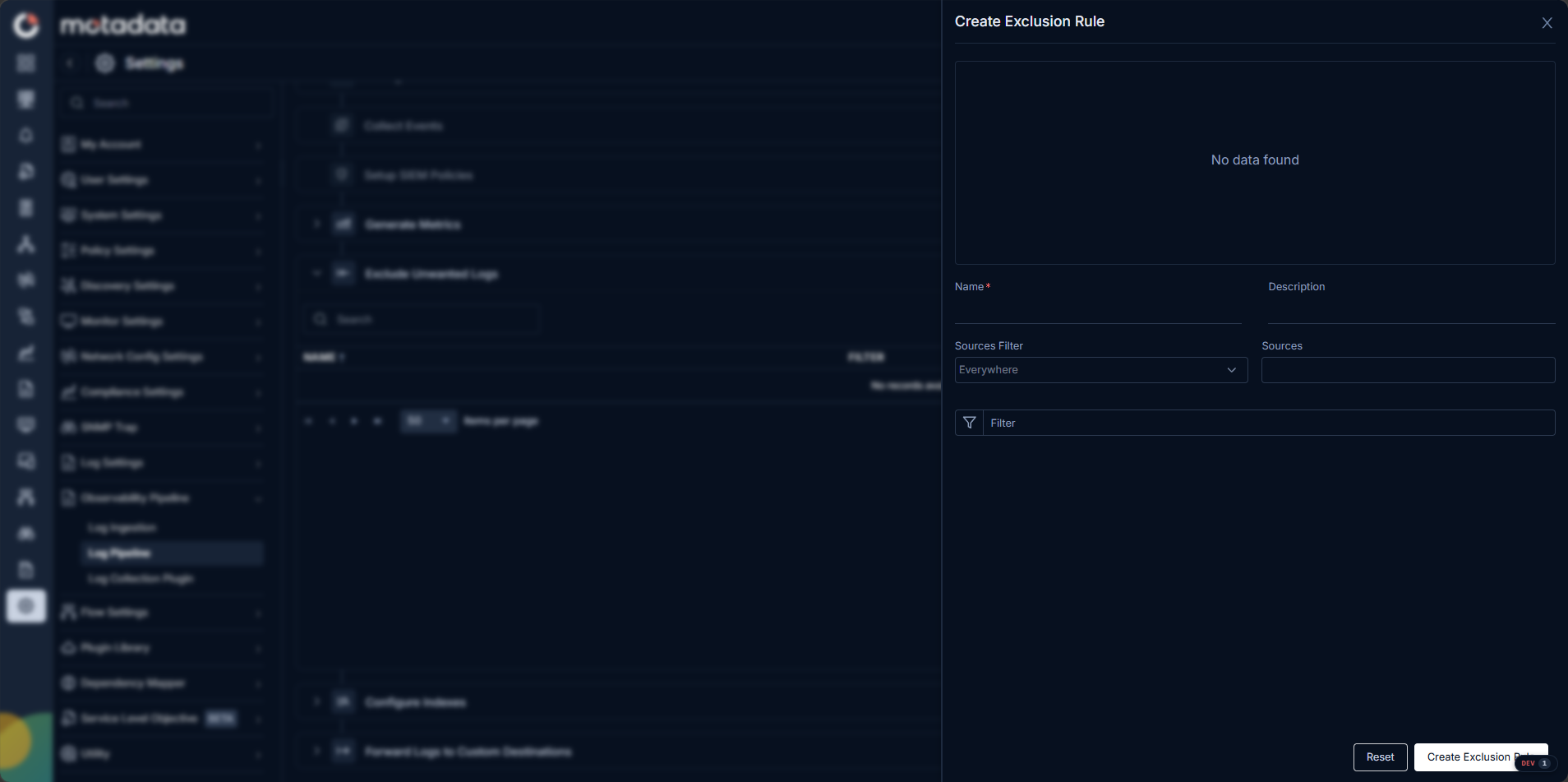 Create Exclusion Rule form showing Name, Description, Sources Filter, Sources, and Filter fields with a log volume preview chart
