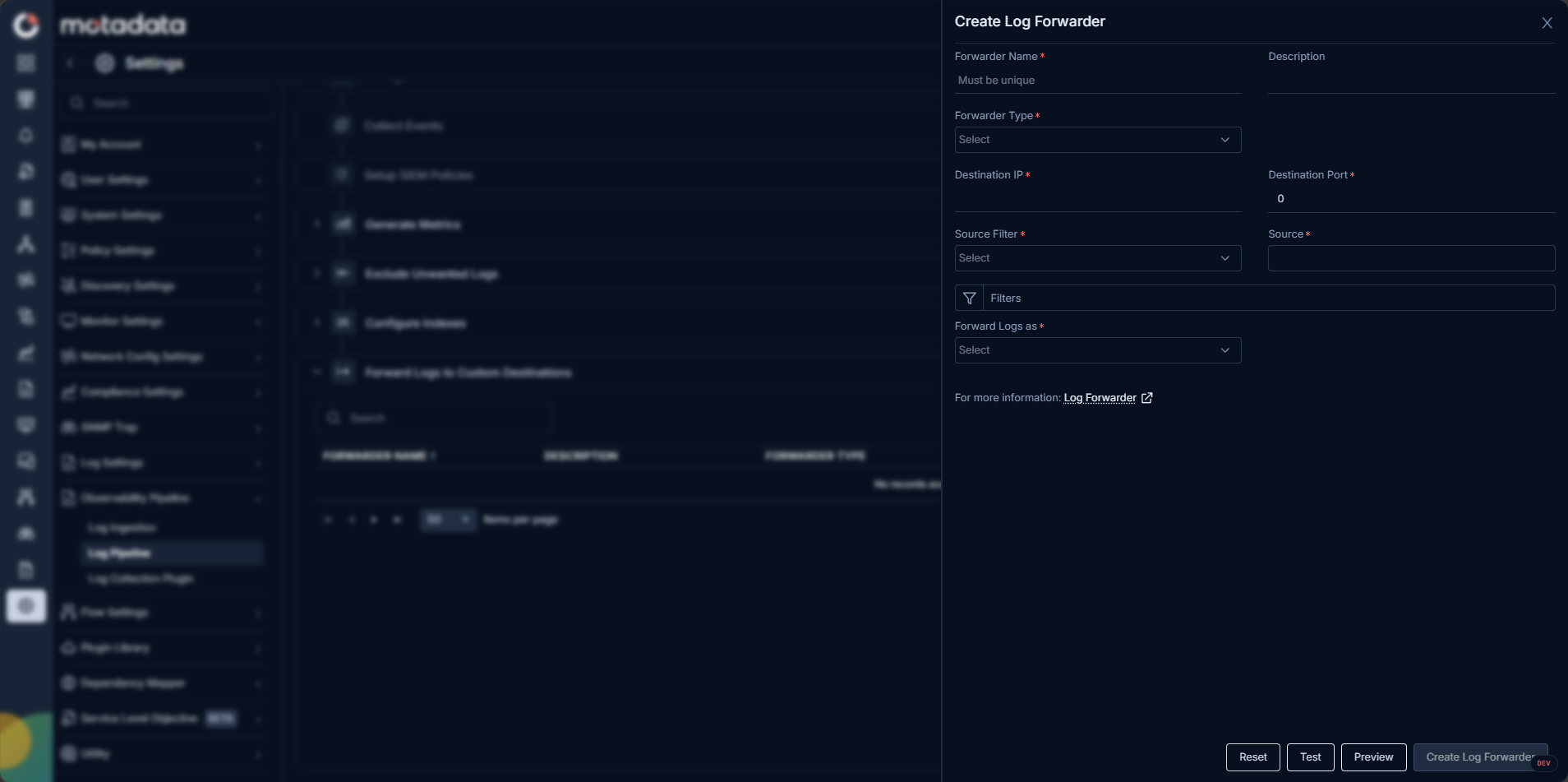 Create Log Forwarder screen showing forwarder configuration fields