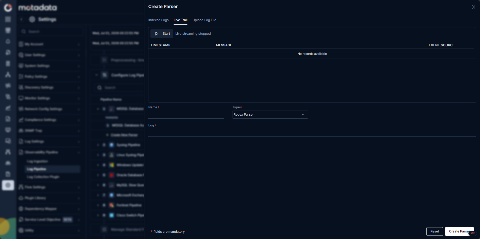 Create Parser screen showing the Live Trail tab with a real-time log stream for qualifying logs