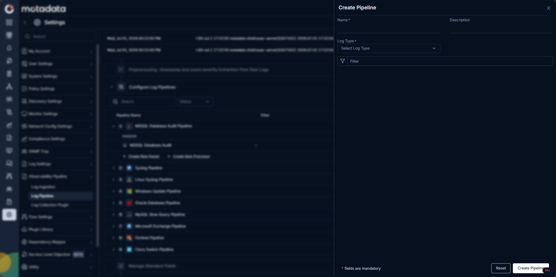 Create Pipeline form showing Name, Log Types, and Prefilter fields