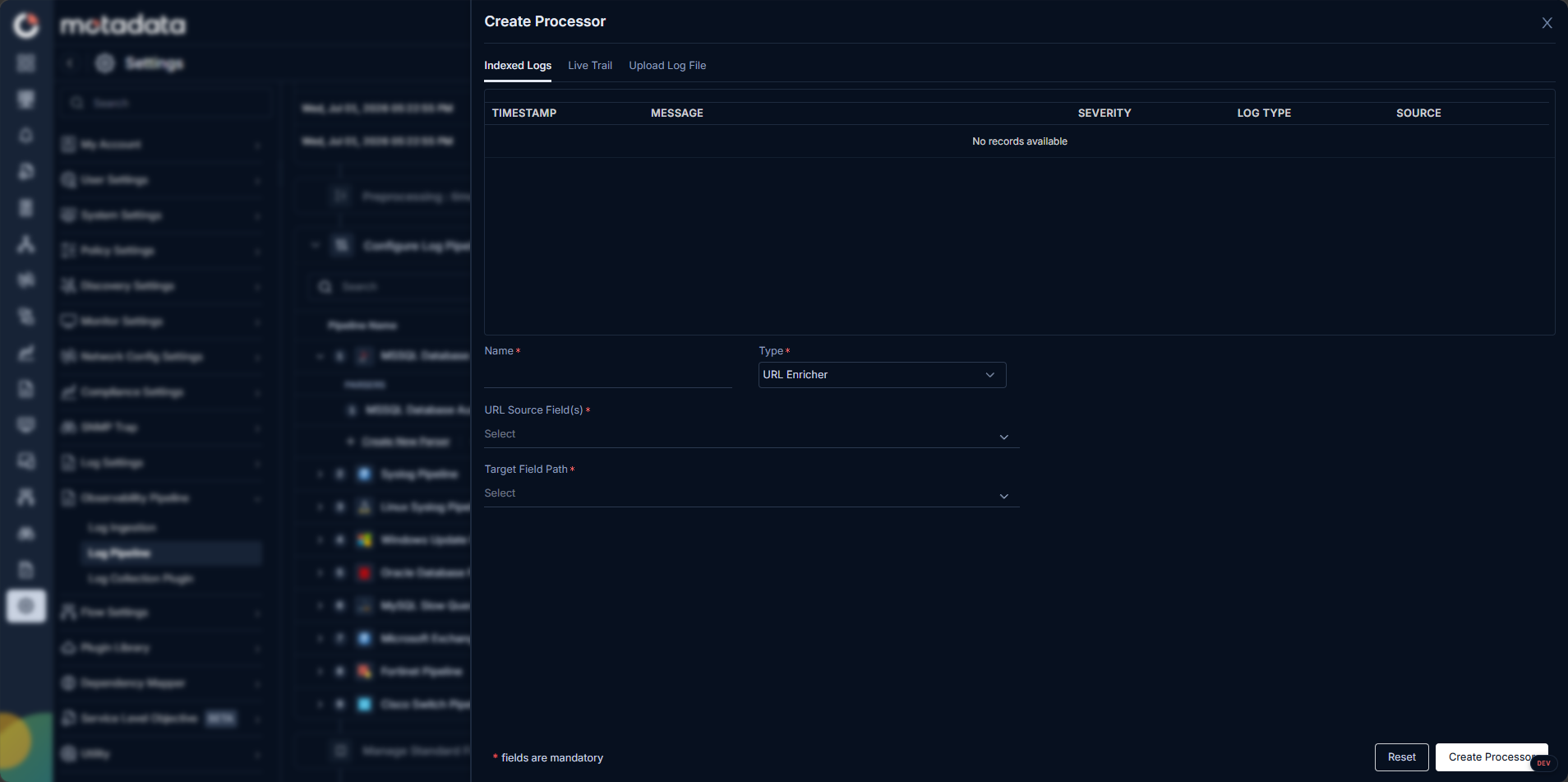 Create Processor screen showing available processor types and the configuration panel