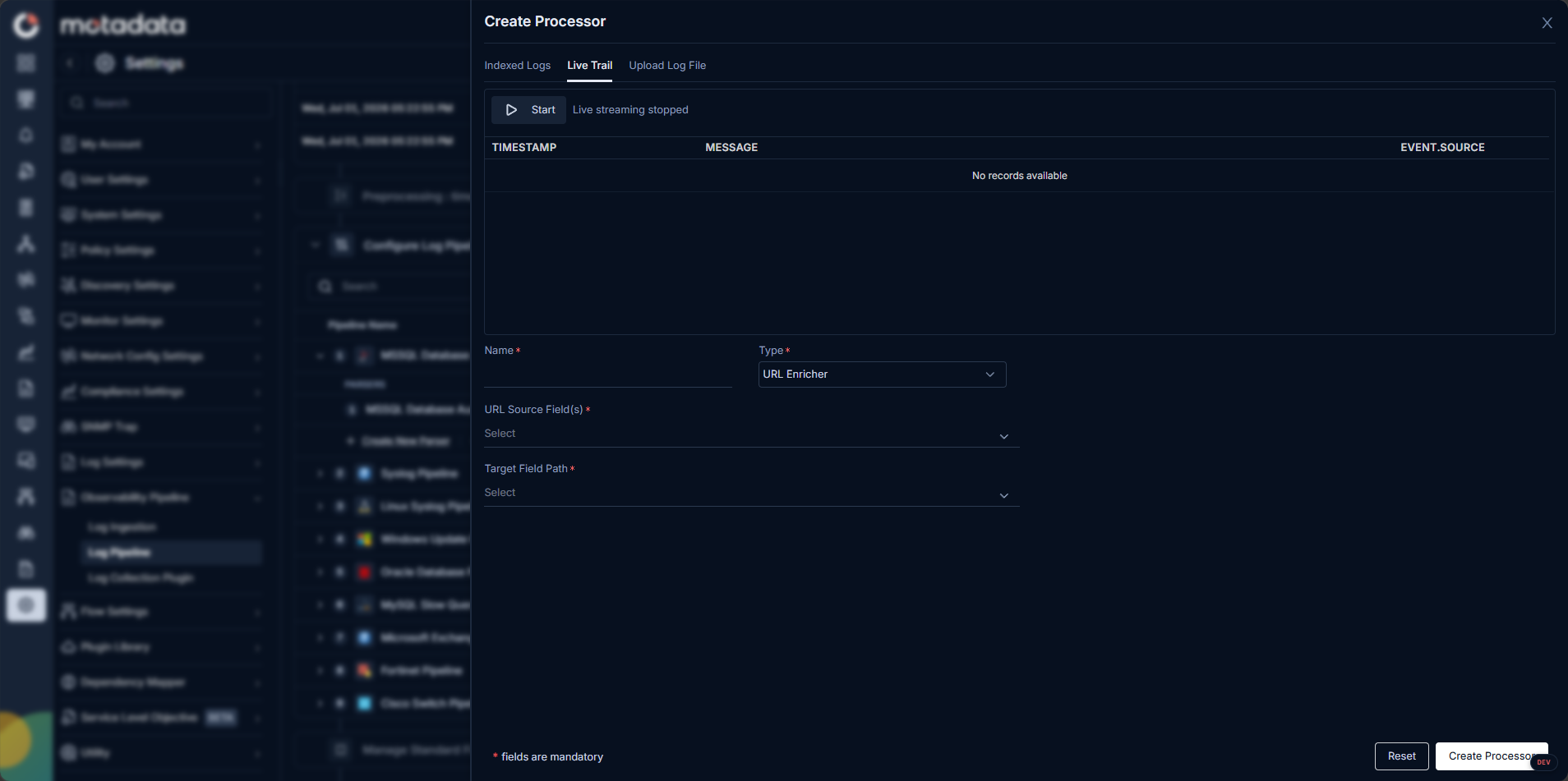 Create Processor screen with the Live Trail tab showing qualifying logs in real time