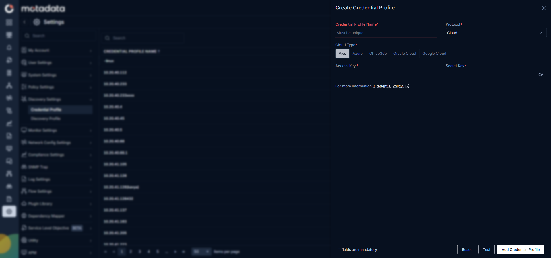Cloud credential form with AWS tab selected showing Access Key and Secret Key fields