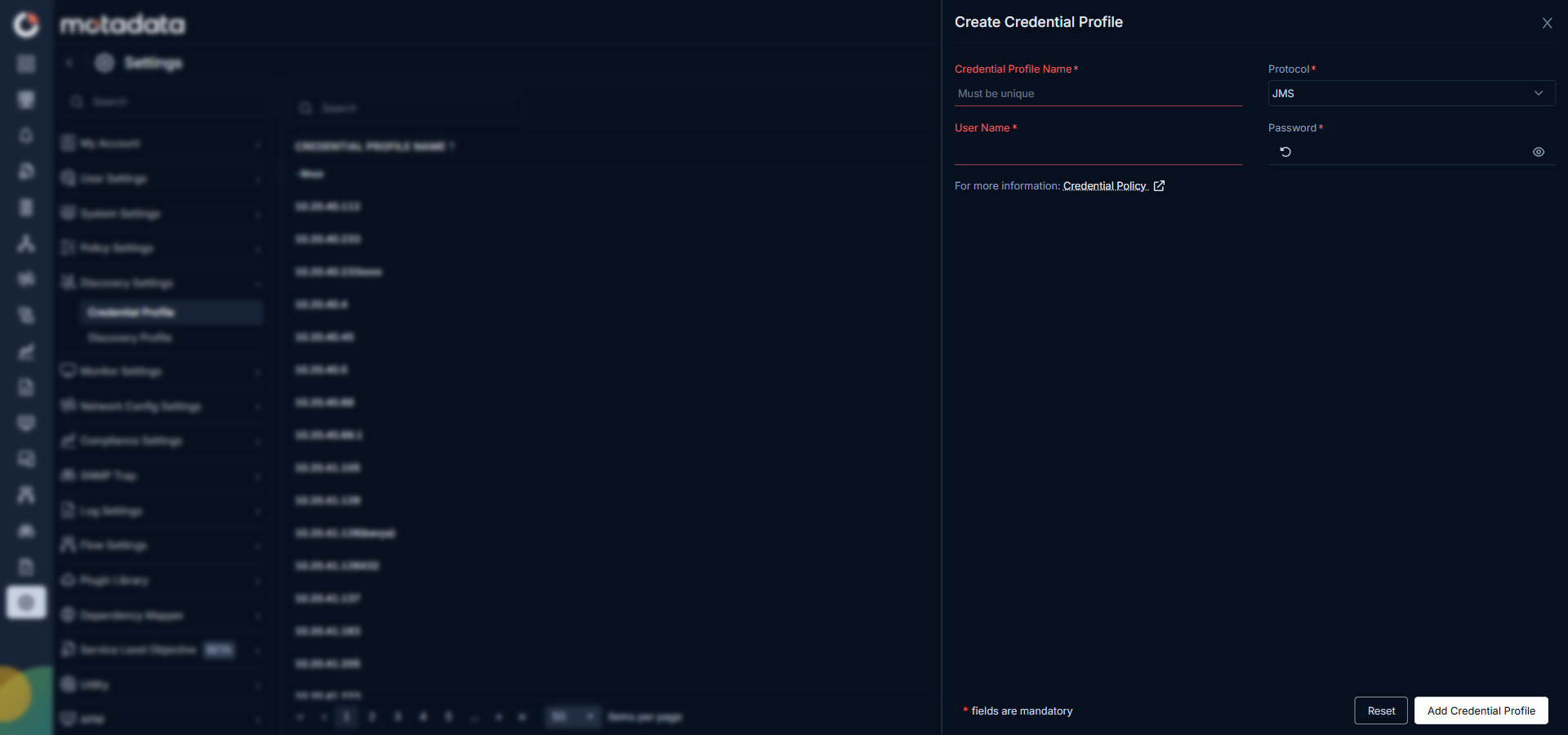 JMS credential form showing User Name and Password fields