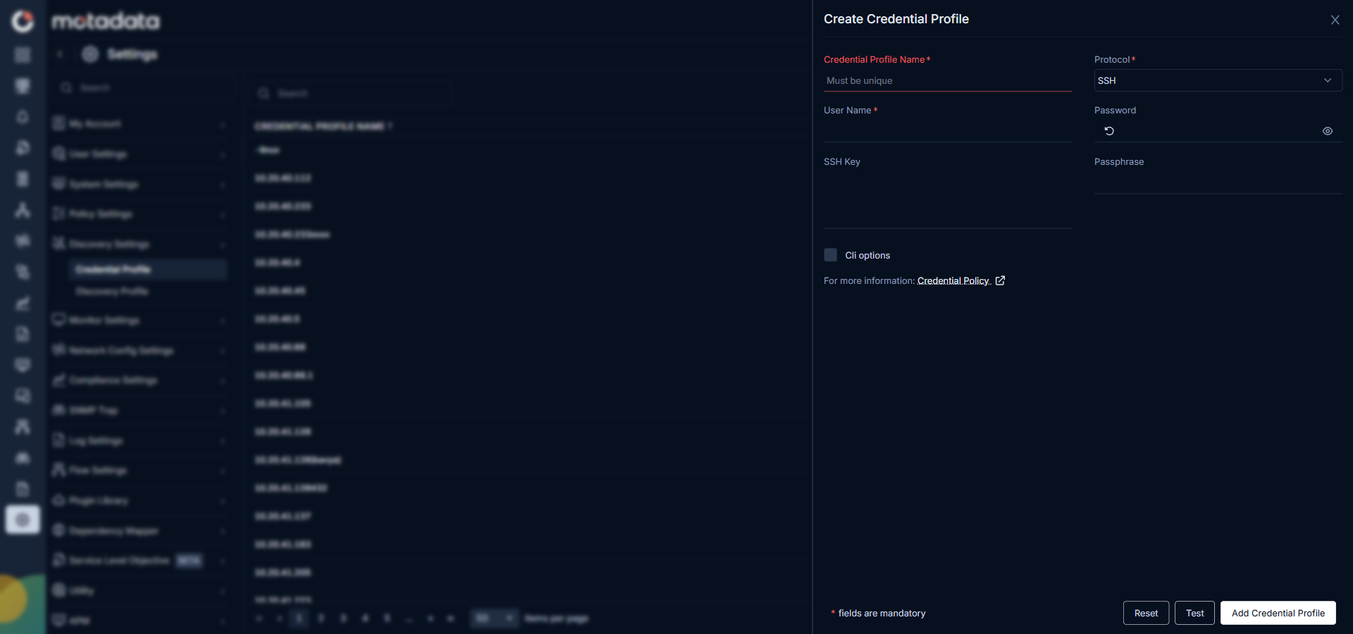 SSH credential form showing Username, Password, SSH Key, Passphrase, and CLI options fields