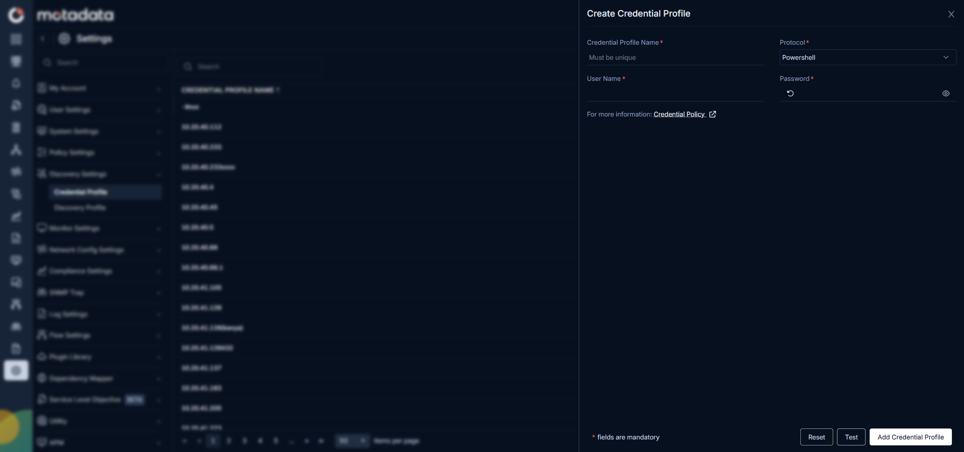 Create Credential Profile drawer open showing the Name field and Protocol dropdown