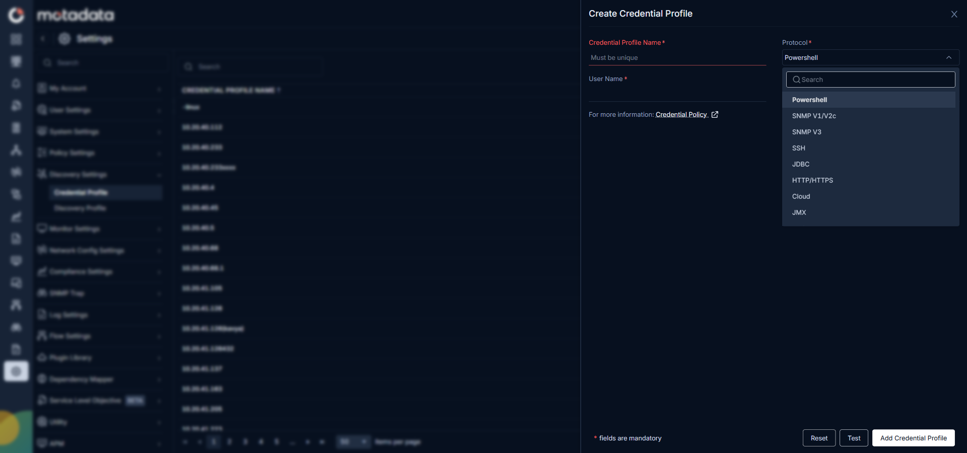 Protocol dropdown open showing all available protocol options