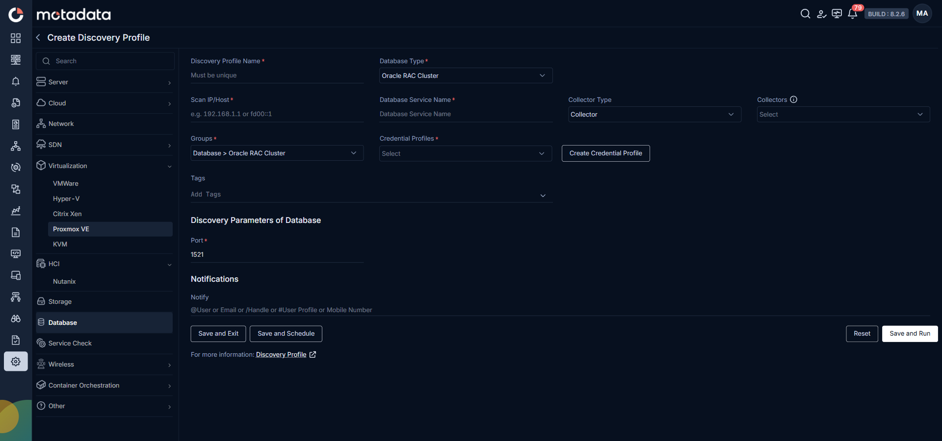 Discovery Profile form with Database category selected