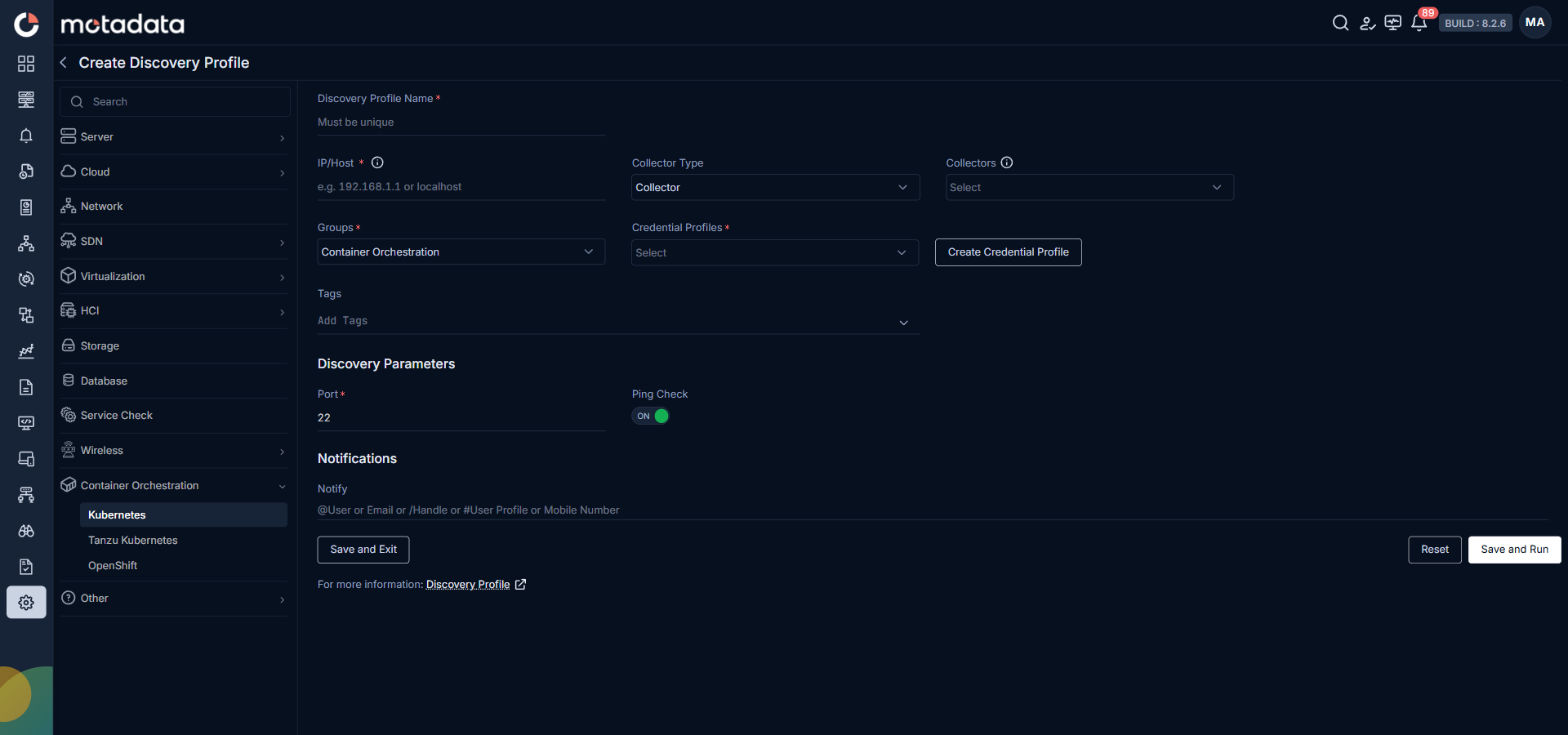 Discovery Profile form with Container Orchestration and Kubernetes selected