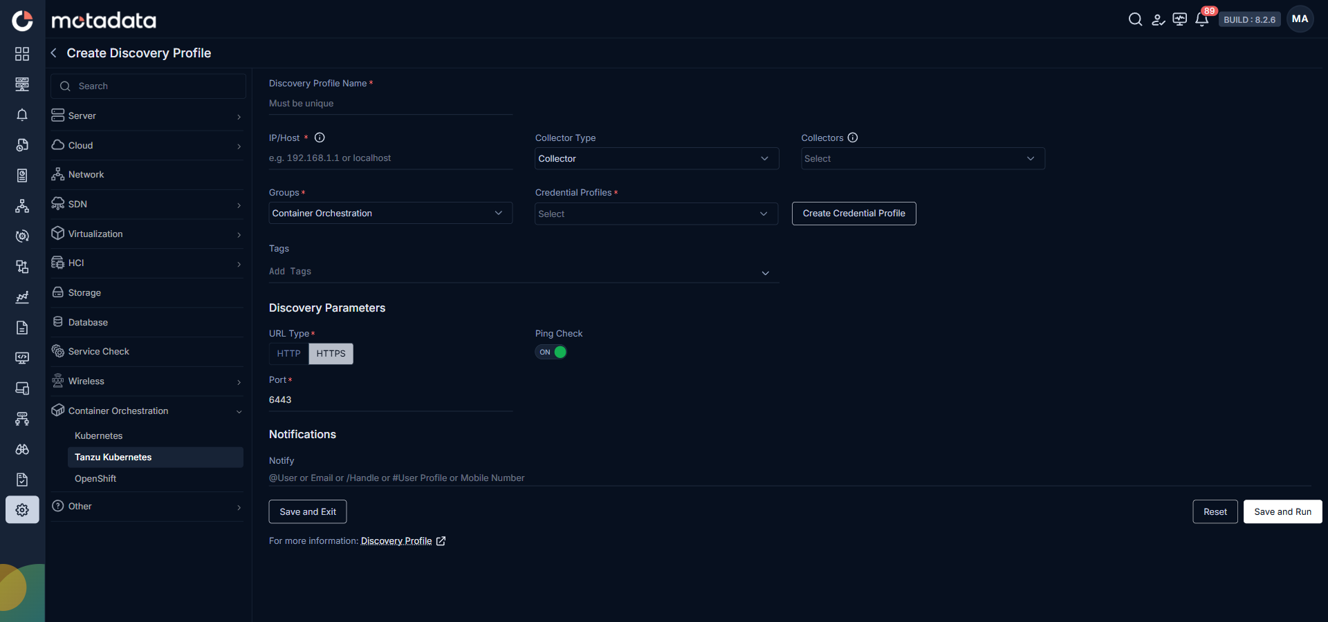 Discovery Profile form with Container Orchestration and Tanzu Kubernetes selected