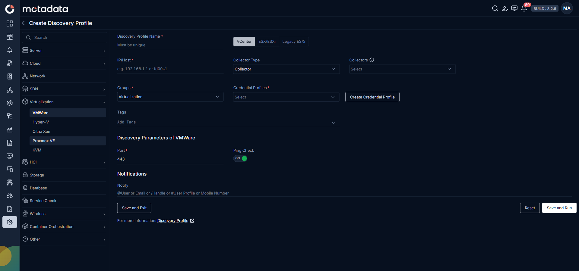 Discovery Profile form with ESXi discovery fields visible