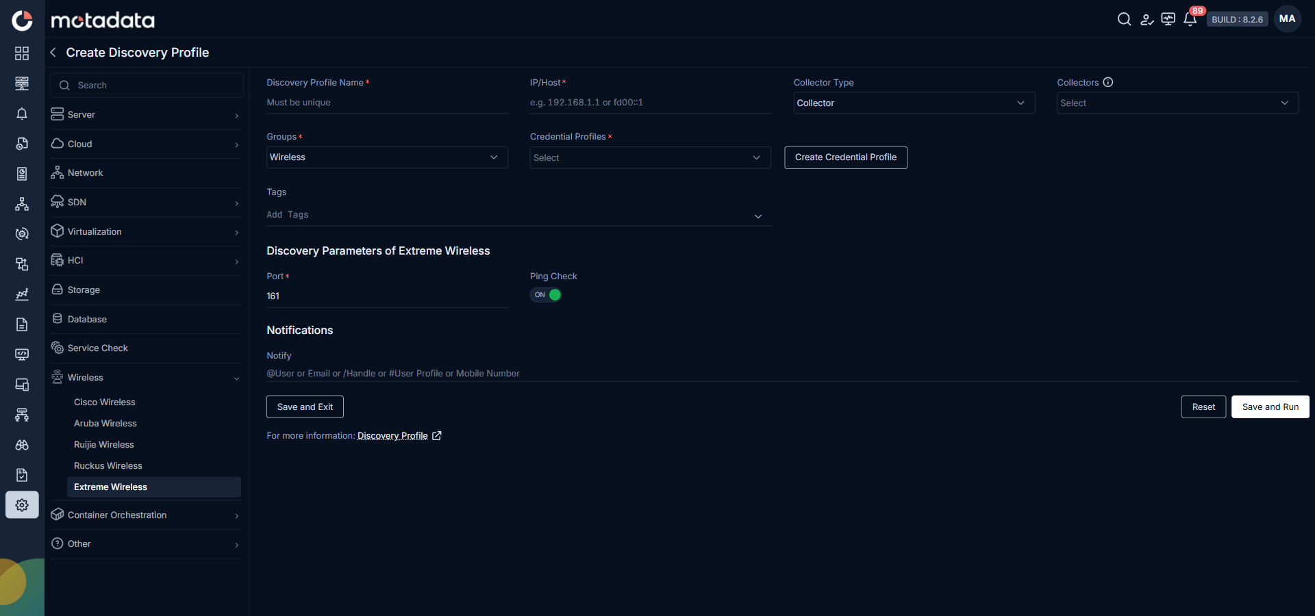 Discovery Profile form with Extreme Wireless discovery fields visible