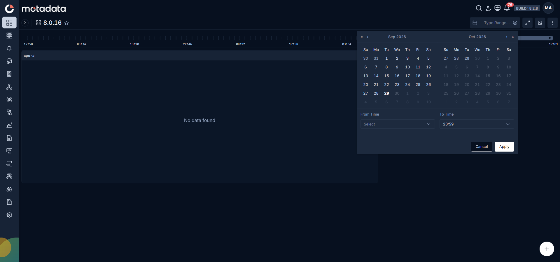 Global timeline picker showing Type Range input, preset list, two-month calendar, From Time and To Time dropdowns