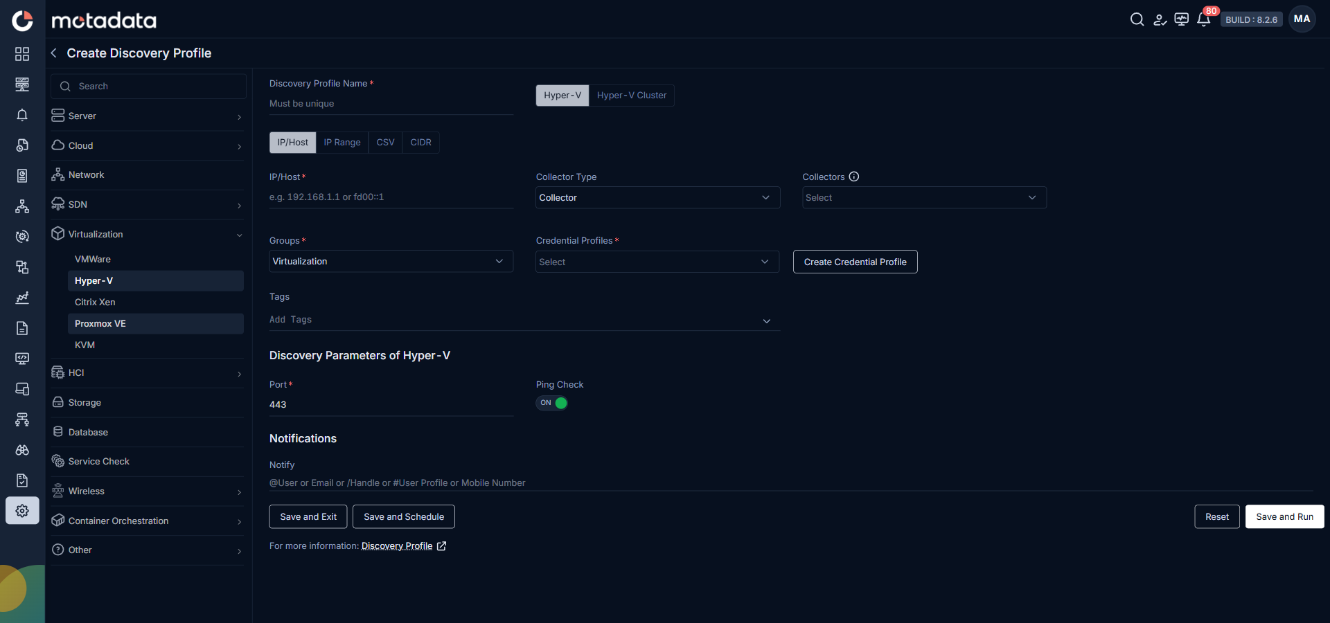 Discovery Profile form with Hyper-V discovery fields visible