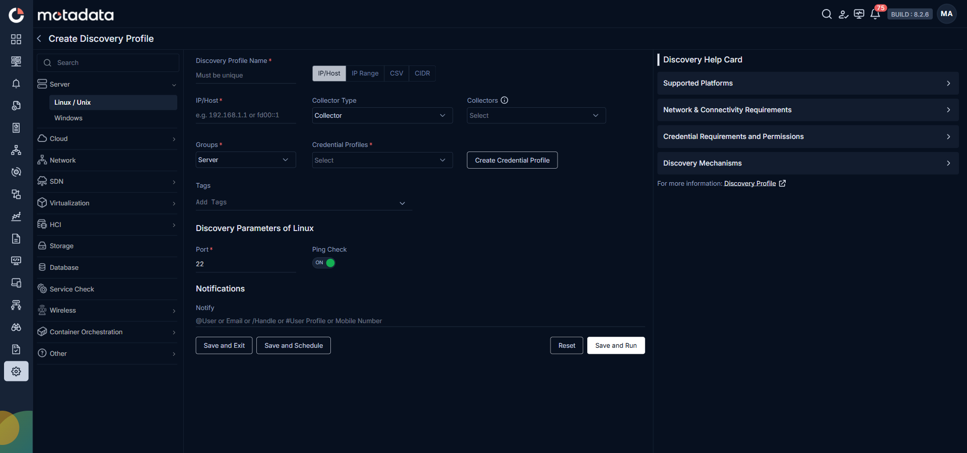Discovery Profile form with Linux/Unix server fields visible