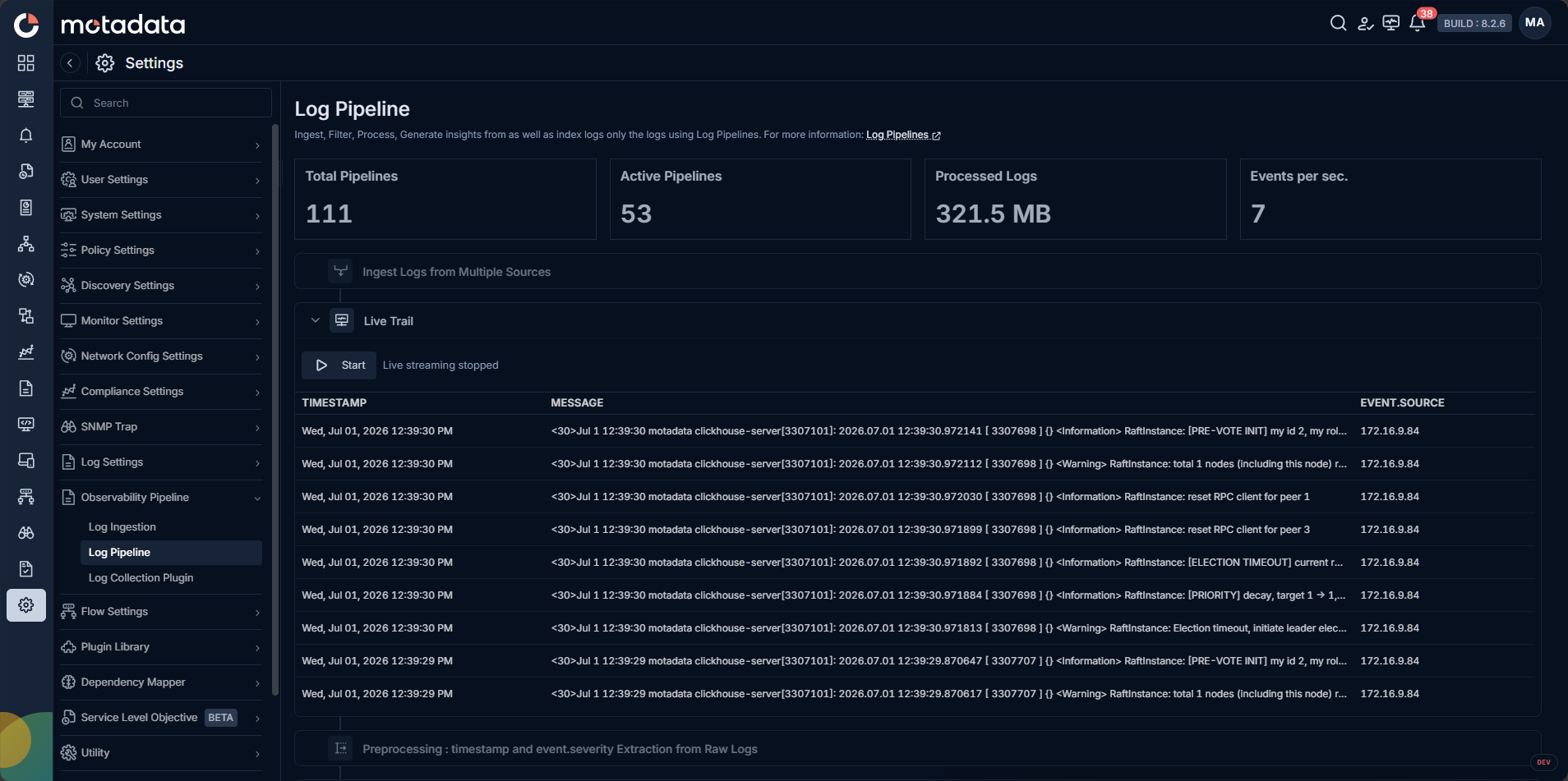 Live Trail screen showing real-time log stream with TIMESTAMP, MESSAGE, and EVENT SOURCE columns