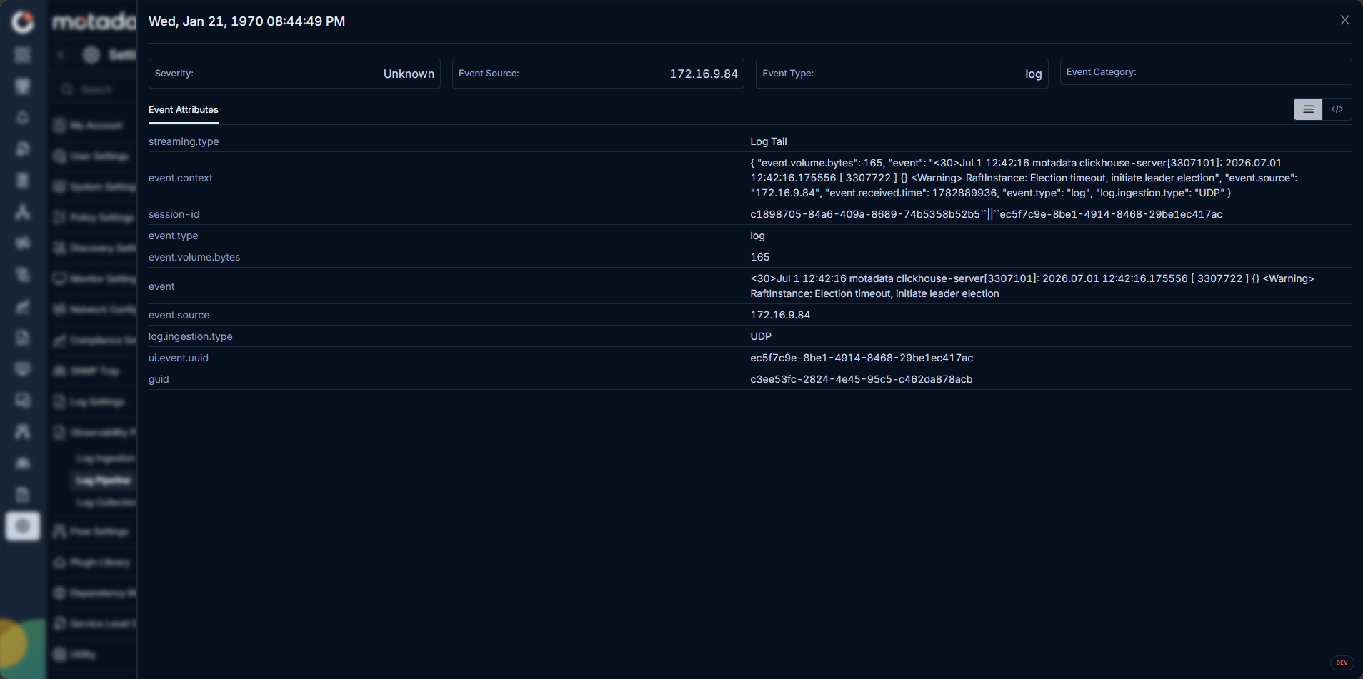 Live Trail log detail panel showing Severity, Event Source, Event Type, Event Category, and all Event Attributes for a selected log