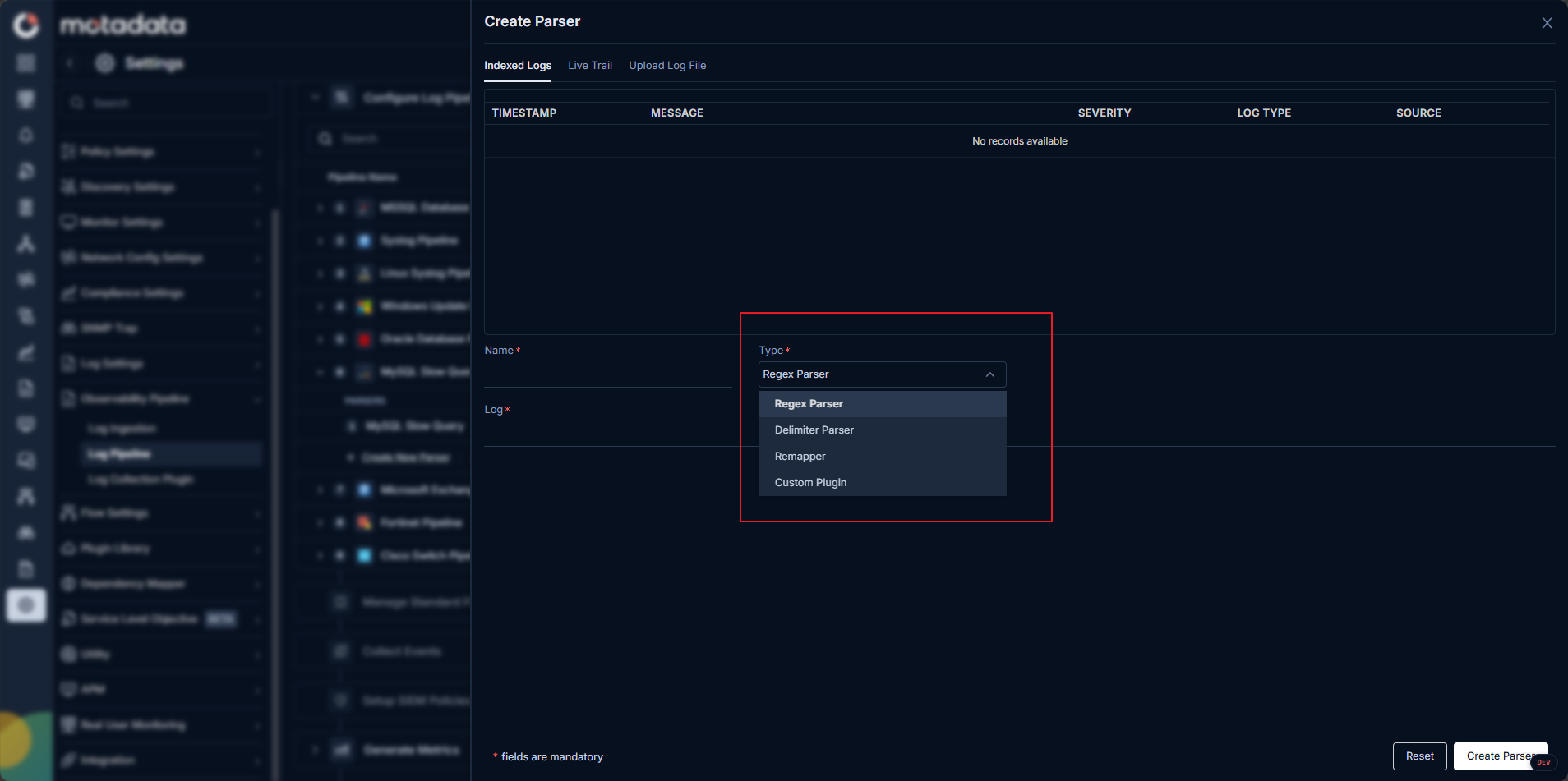 Log parser types showing Regex Parser, Delimiter Parser, Remapper, and Custom Plugin options