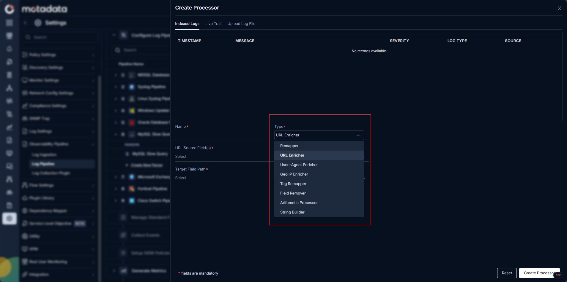 Log processor types overview showing Remapper, URL Enricher, User-Agent Enricher, Geo IP Enricher, Tag Remapper, Field Remover, Arithmetic Processor, and String Builder options