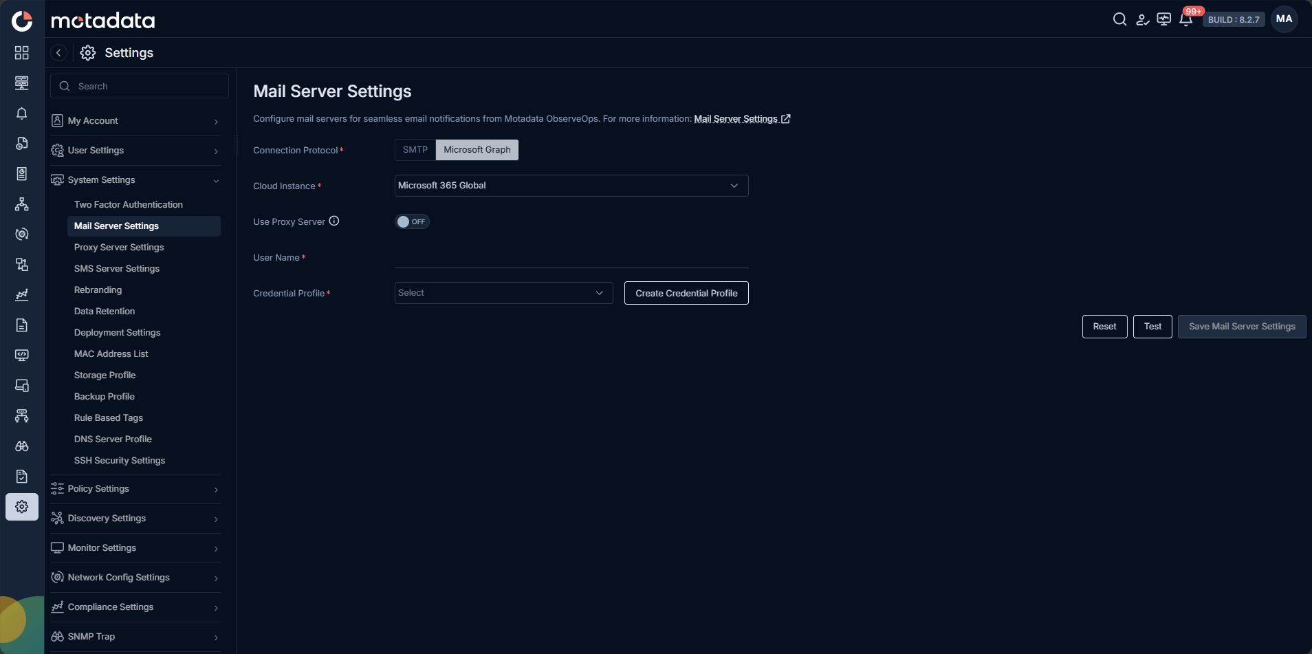 Microsoft Graph API configuration screen in ObserveOps showing Tenant ID, Application ID, Authentication Method, and From Address fields