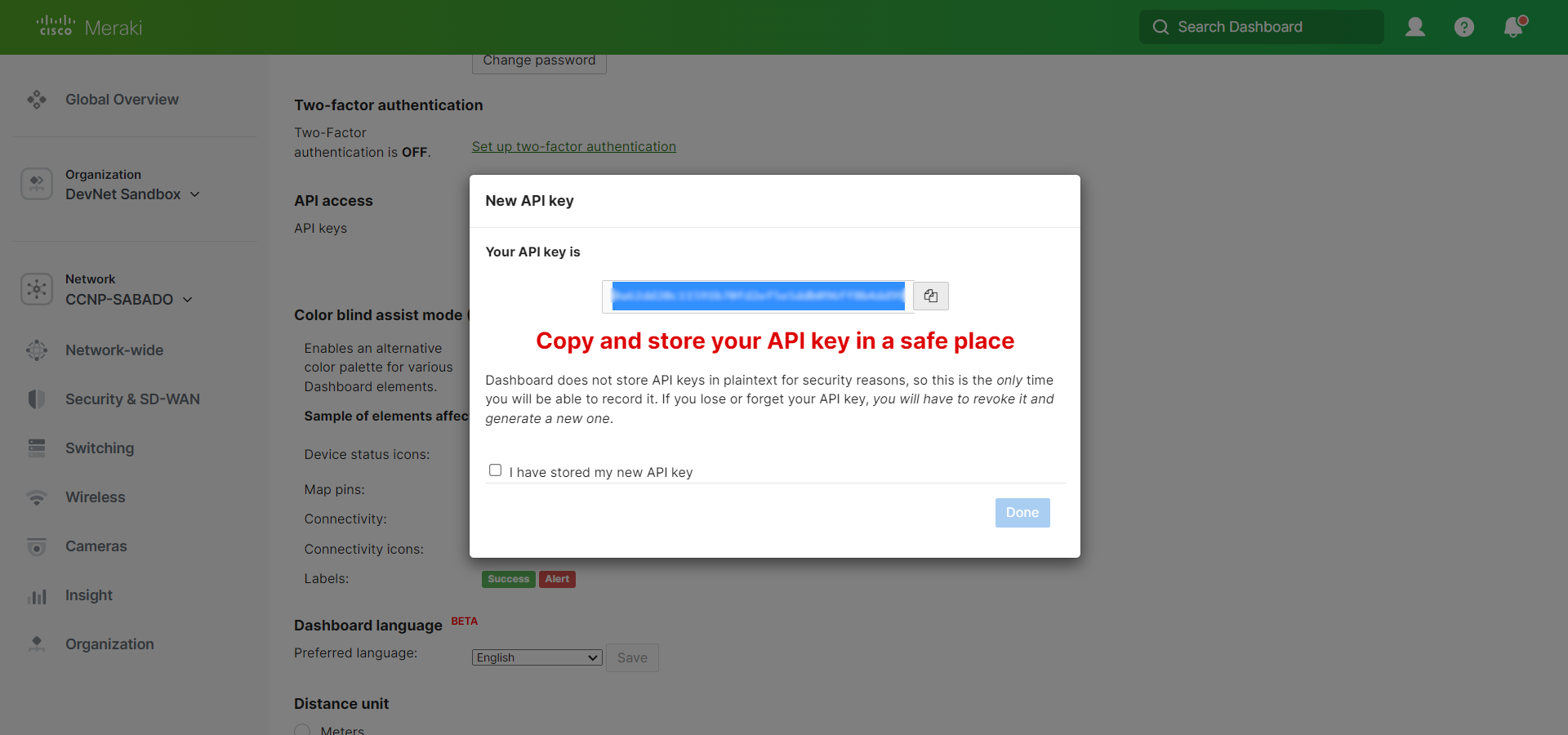 New API key dialog showing the generated key with the Copy and store your API key in a safe place warning