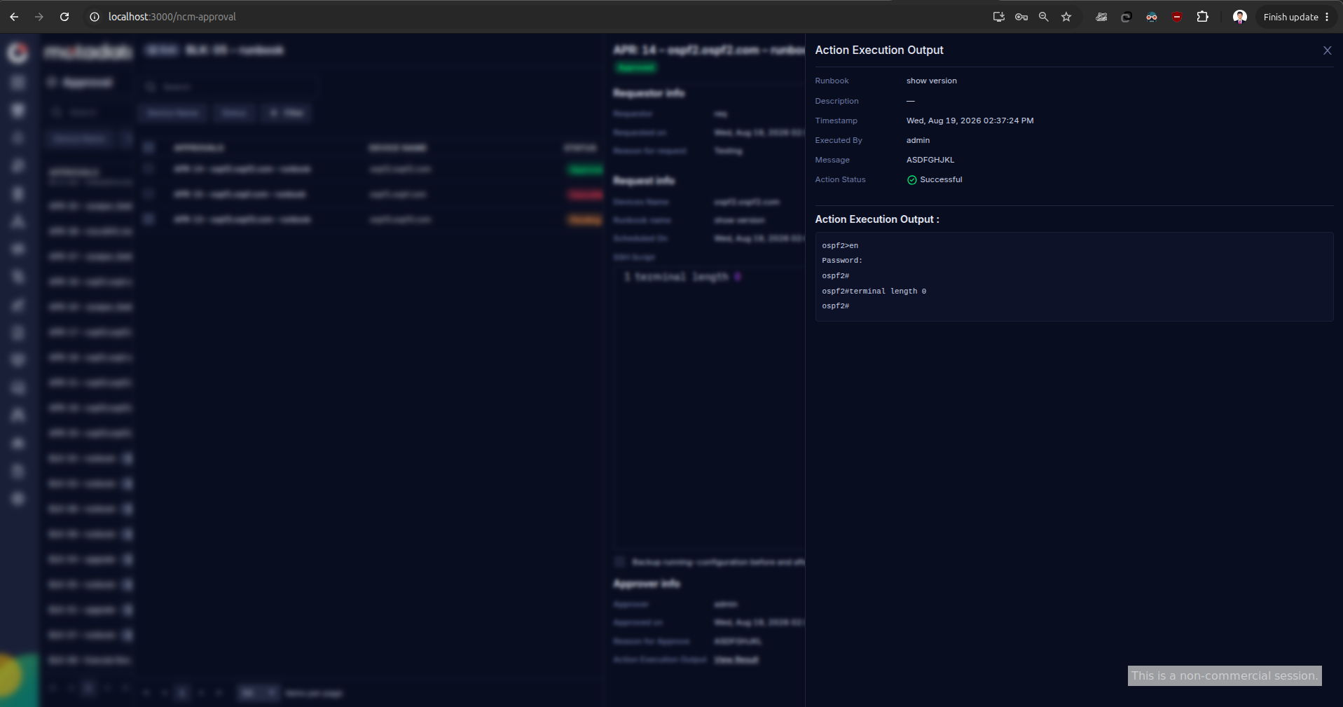 Action Execution Output pane showing runbook name description timestamp executed by admin message ASDFGHJKL action status Successful and the terminal output from the runbook