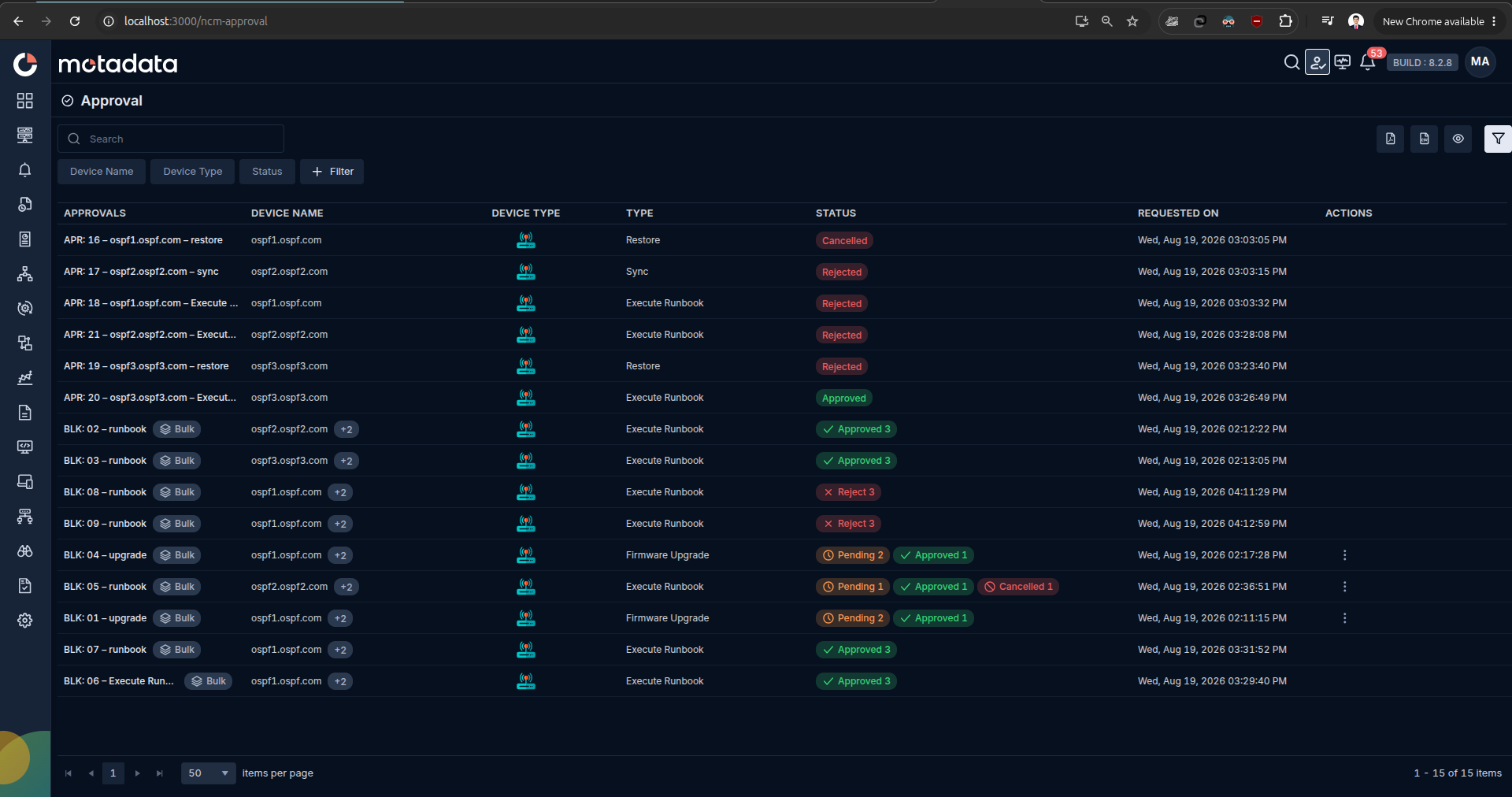 NCCM Approval screen listing single APR and bulk BLK requests with device name, device type, action type, status badges, requested-on timestamp, and actions column