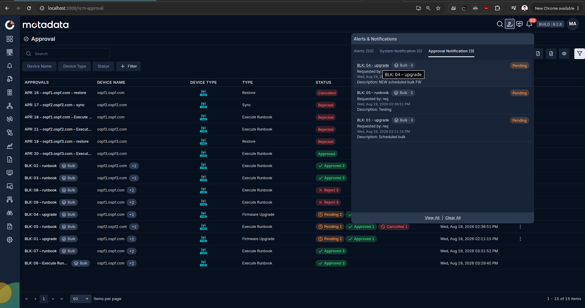 Alerts and Notifications drawer open on the Approval Notification tab showing pending BLK and APR requests with request name, requester, description, and Pending status