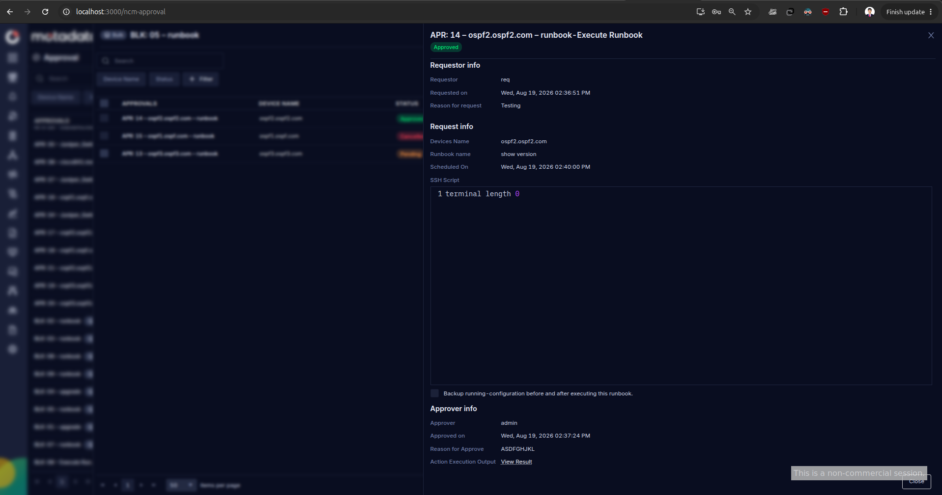 Approval request detail drawer for APR 14 ospf2 ospf2 com runbook Execute Runbook showing Requestor info Request info and Approver info panels with runbook script and reason for approve