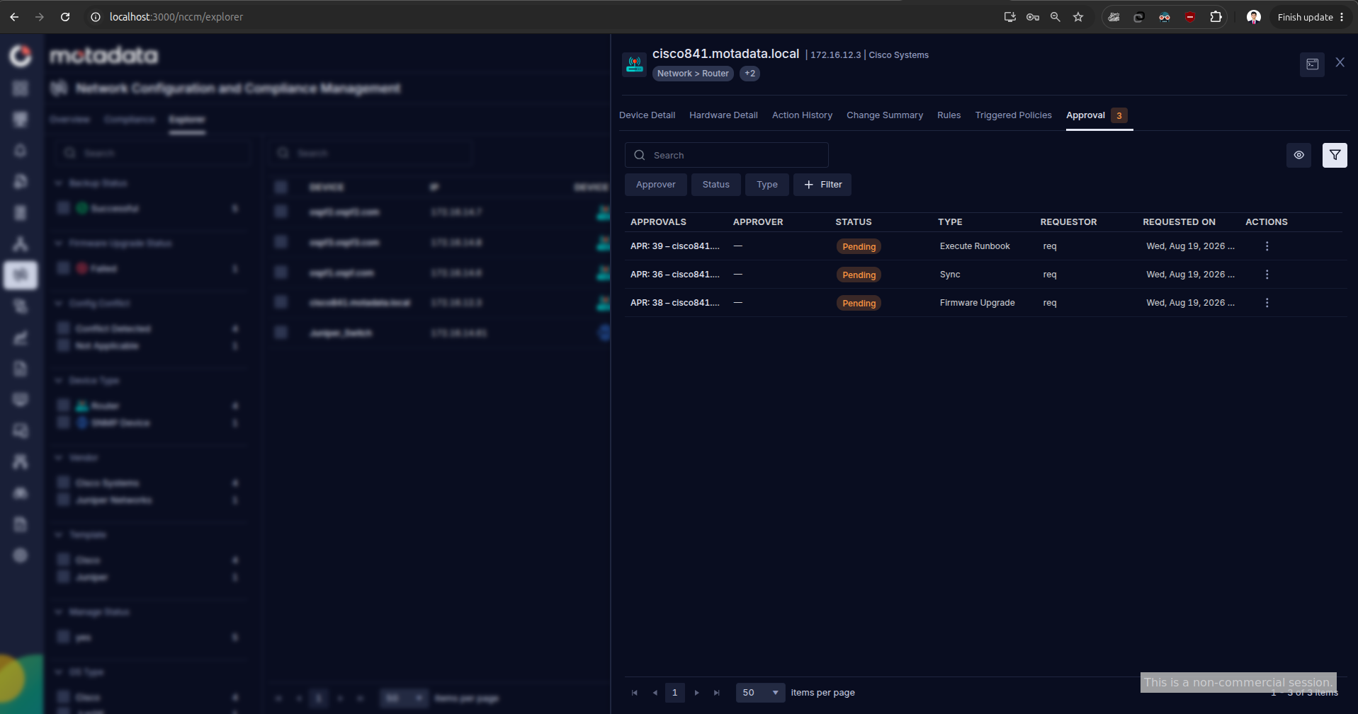 Device details for cisco841 motadata local with the Approval tab selected showing three pending APR entries for Execute Runbook Sync and Firmware Upgrade with approver requestor and requested on columns