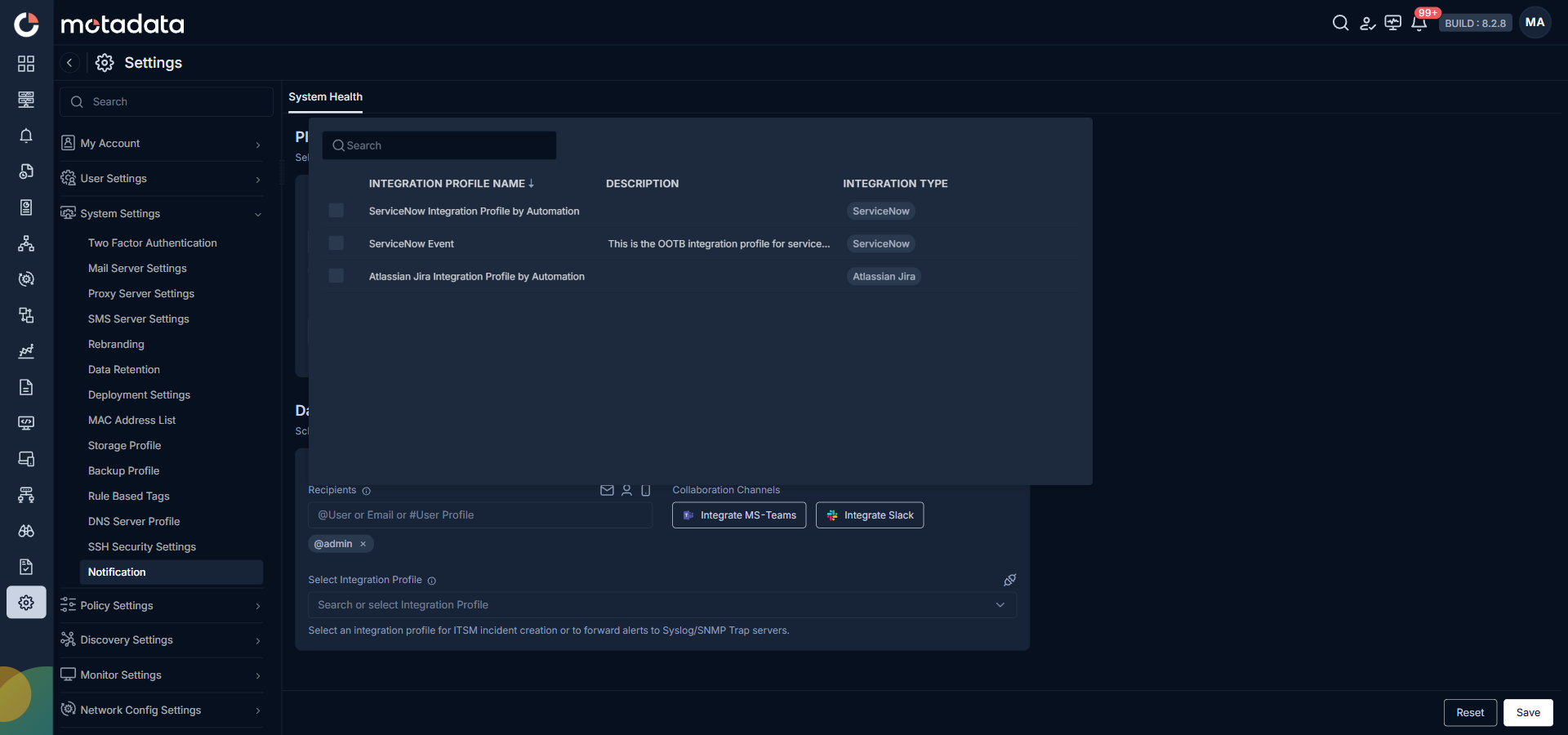 Integration Profile picker opened over the notification page showing the sortable name description and type columns