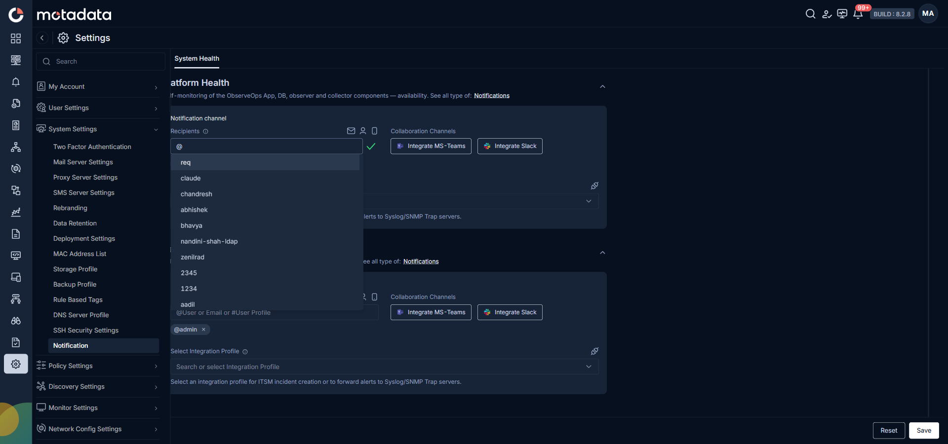 Recipients input showing the user picker that opens when you type the @ character with a scrollable list of usernames