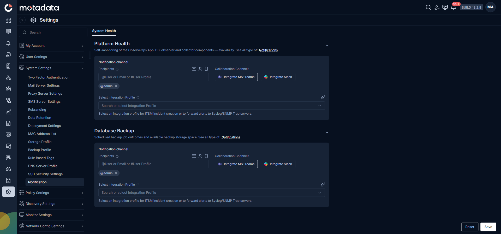 ObserveOps Notification settings page in dark mode showing Platform Health and Database Backup cards on the System Health tab