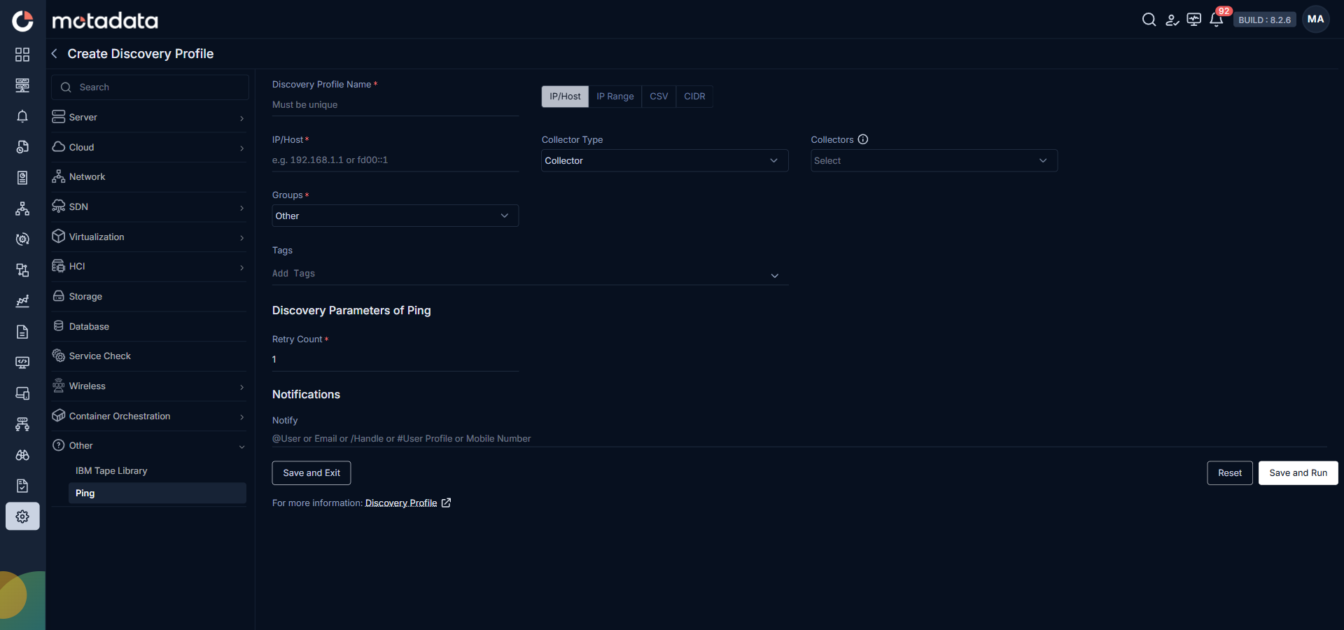 Ping discovery type selection screen