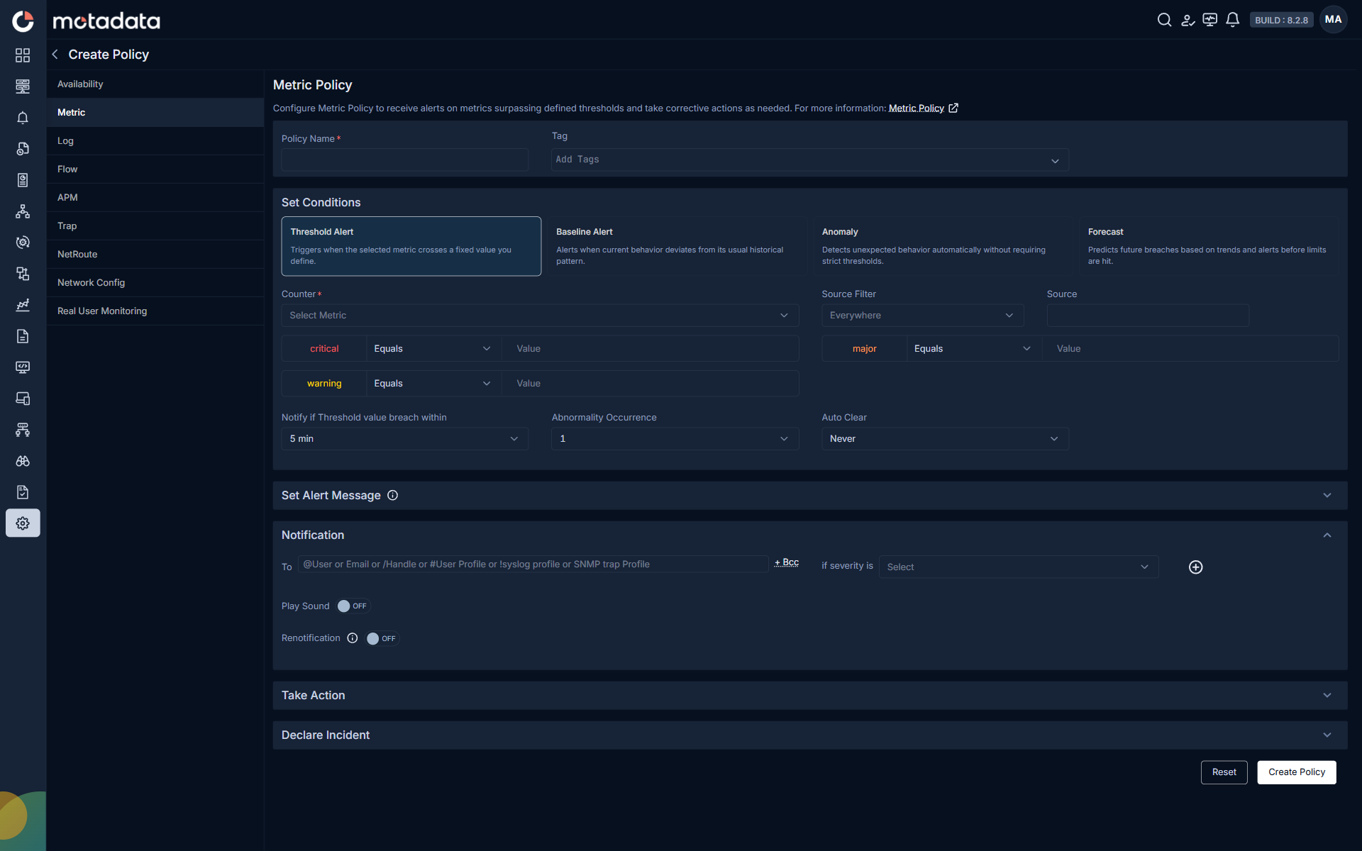 NetRoute Policy create screen on 8.2.8 showing Route Evaluation Type Threshold Baseline Anomaly Forecast selector cards