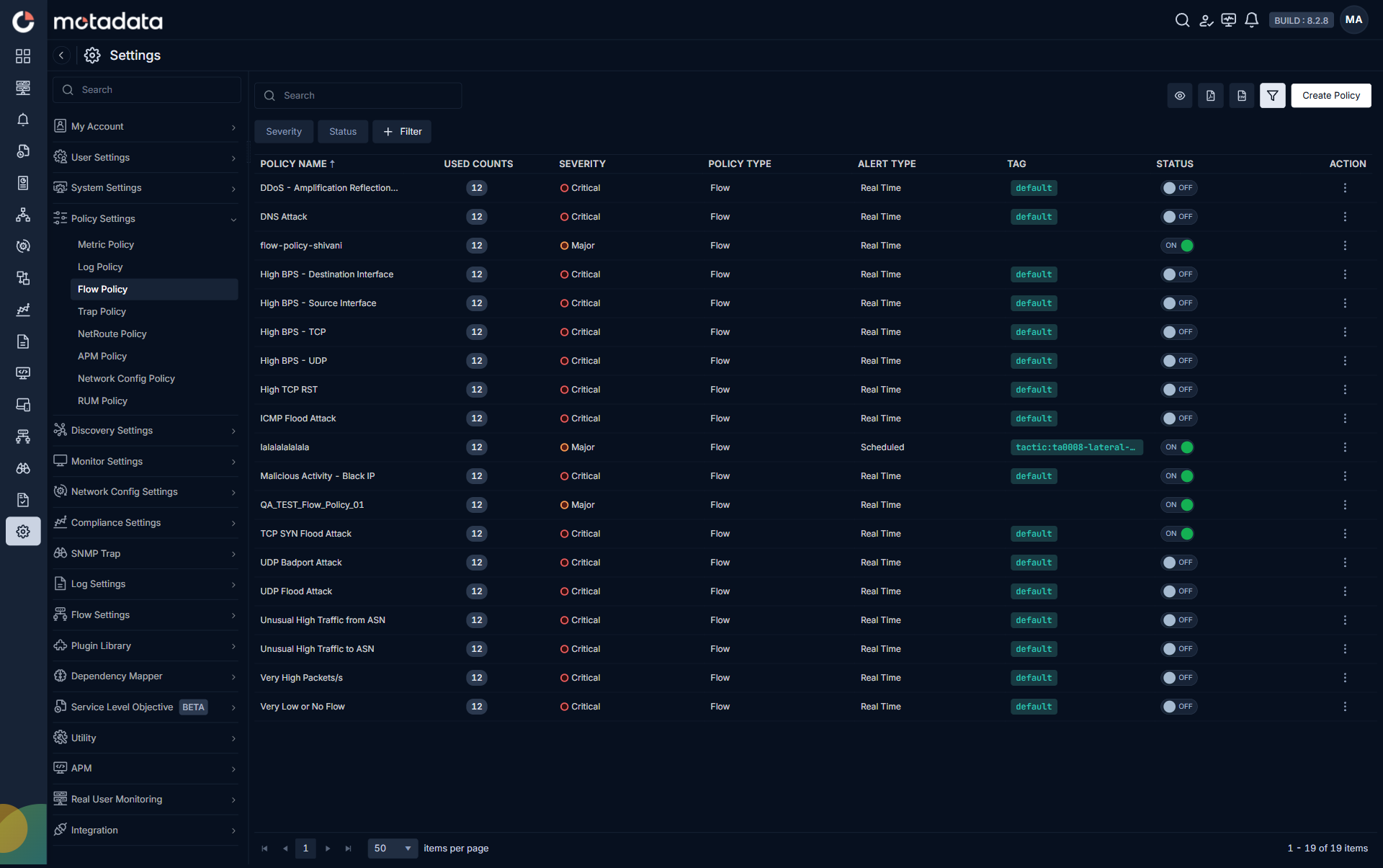 ObserveOps Flow Policy list on 8.2.8 in dark mode