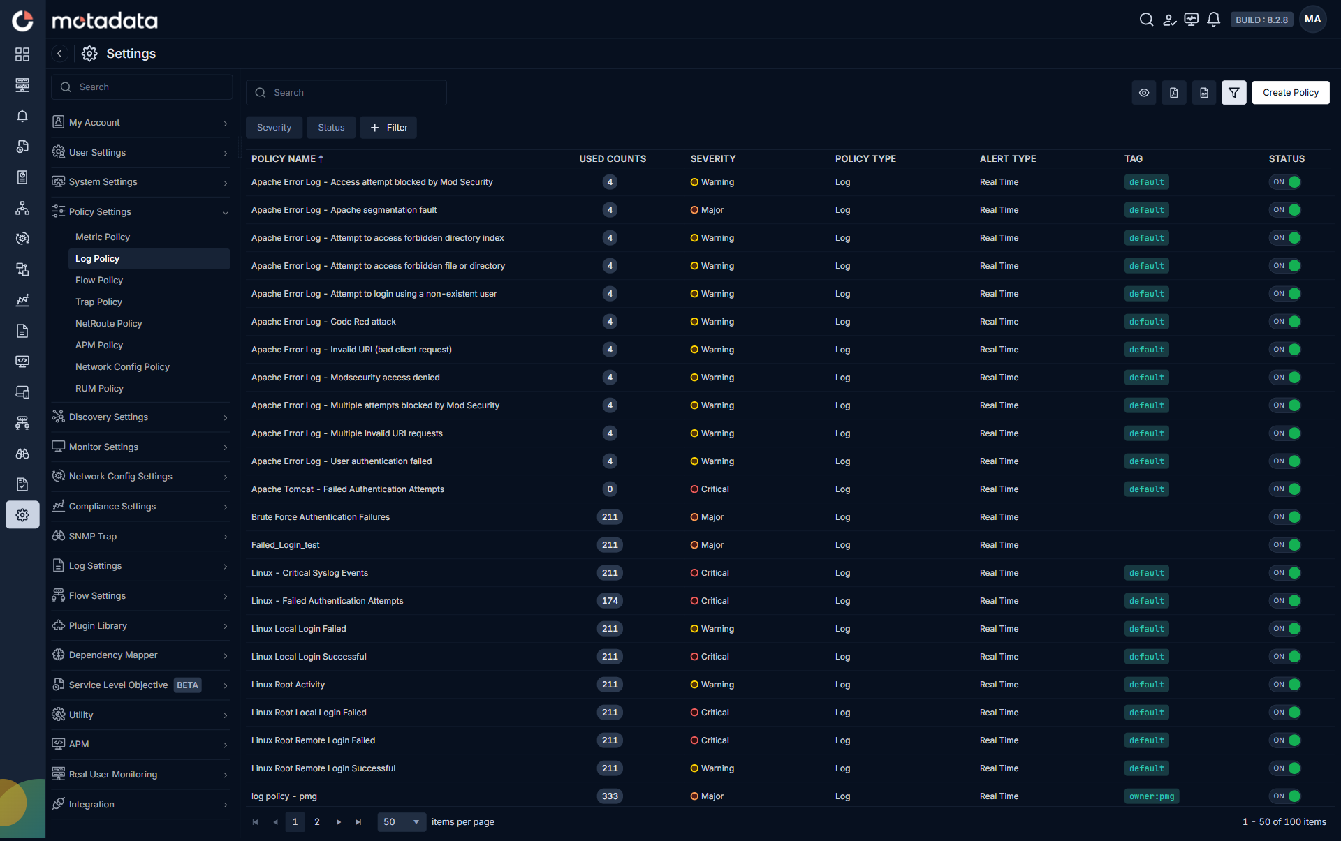 ObserveOps Log Policy list on 8.2.8 in dark mode with policy name, used count, severity, and policy type columns