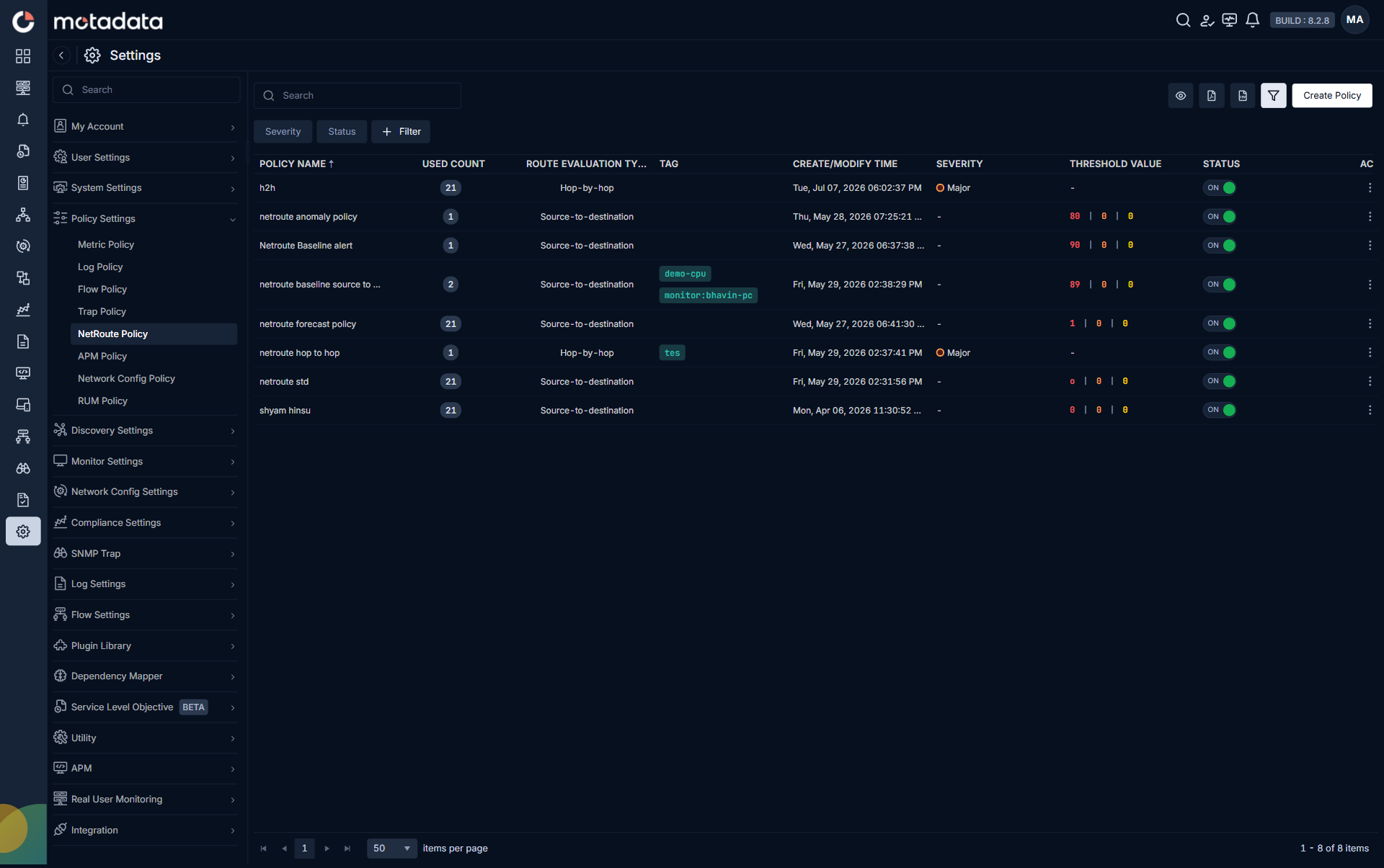 ObserveOps NetRoute Policy list on 8.2.8 in dark mode showing route evaluation type column with source-to-destination and hop-by-hop entries