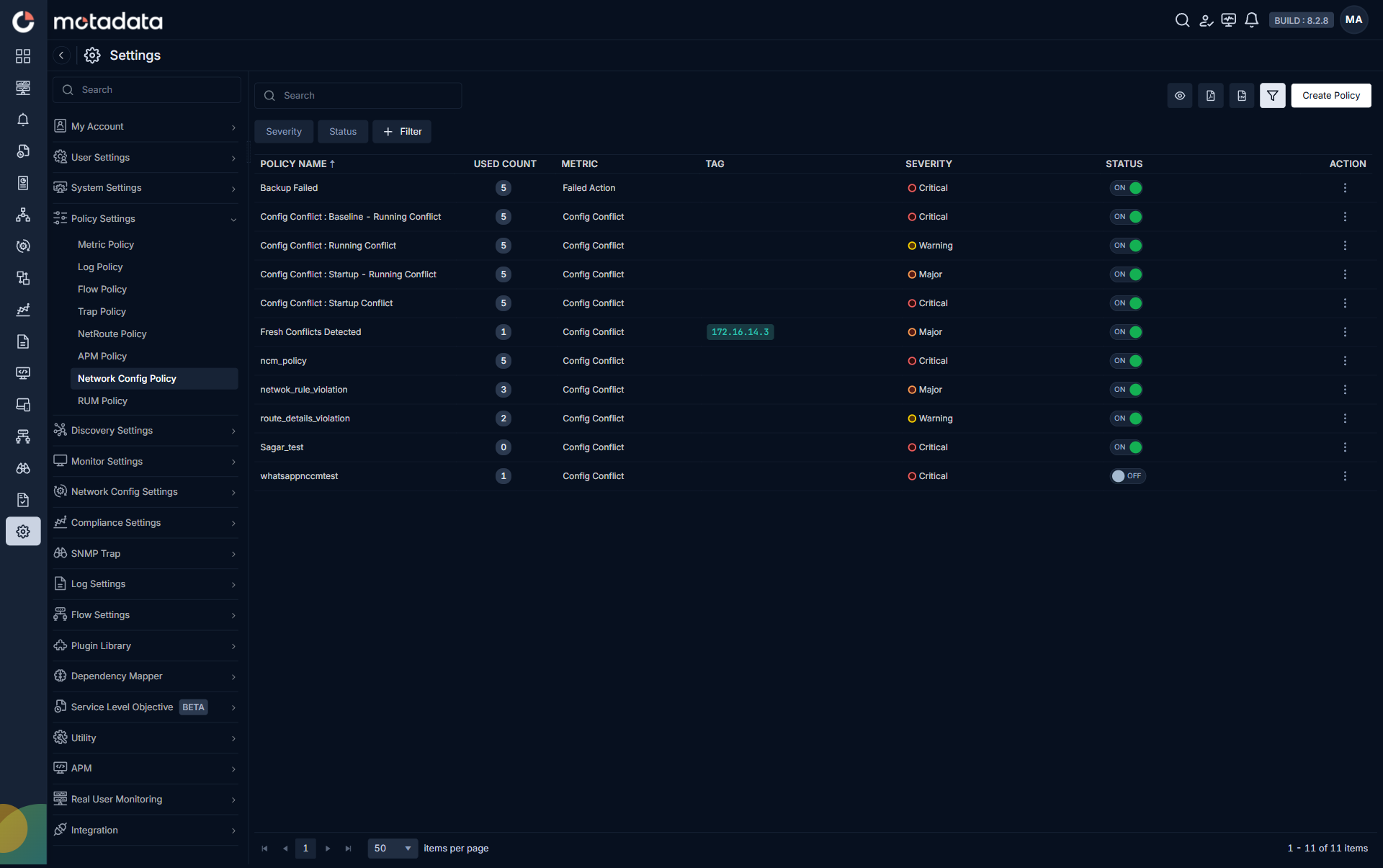 ObserveOps Network Config Policy list on 8.2.8 in dark mode showing metric column with config conflict and failed action entries