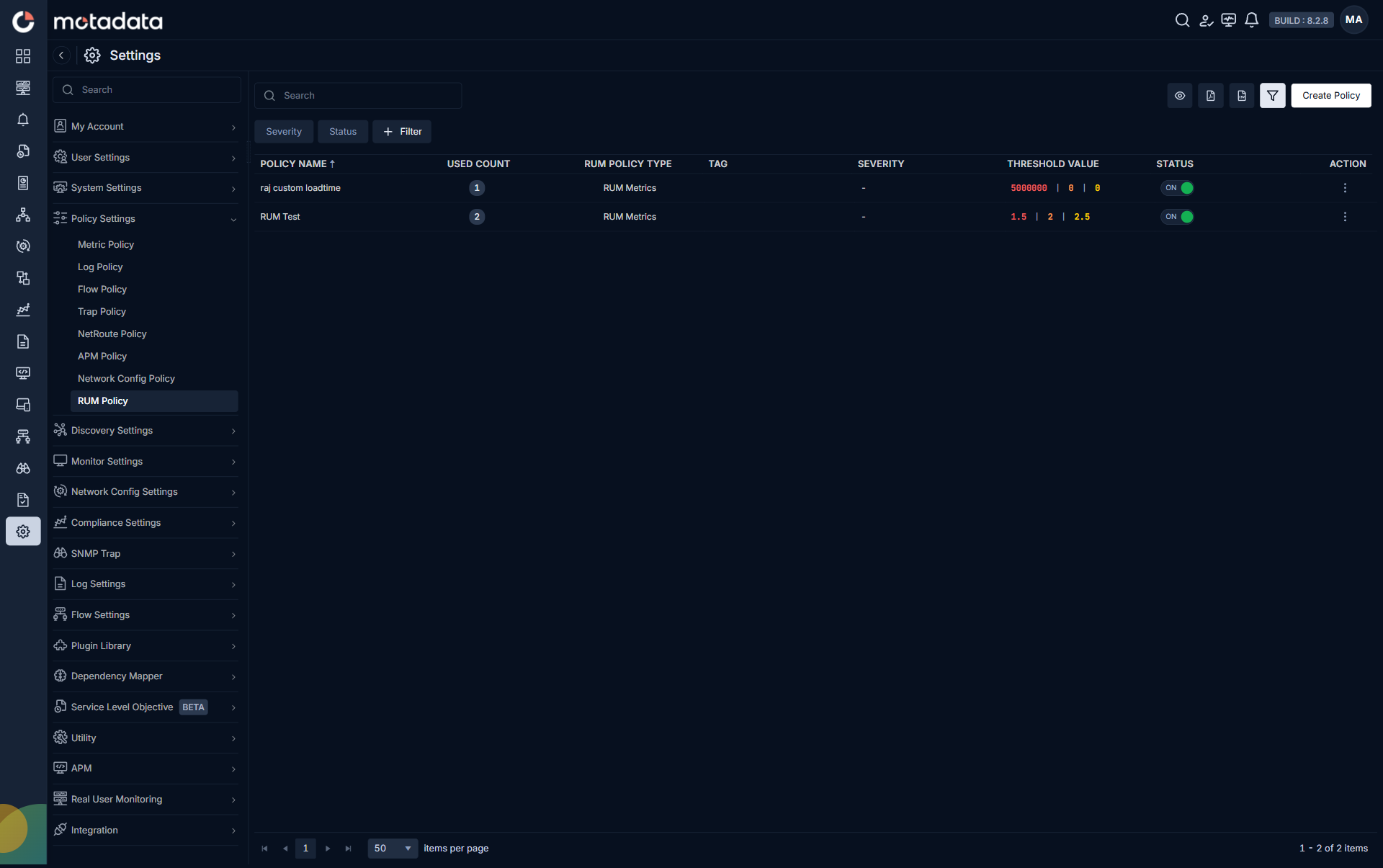 ObserveOps RUM Policy list on 8.2.8 in dark mode with RUM policy type, threshold value, and status columns