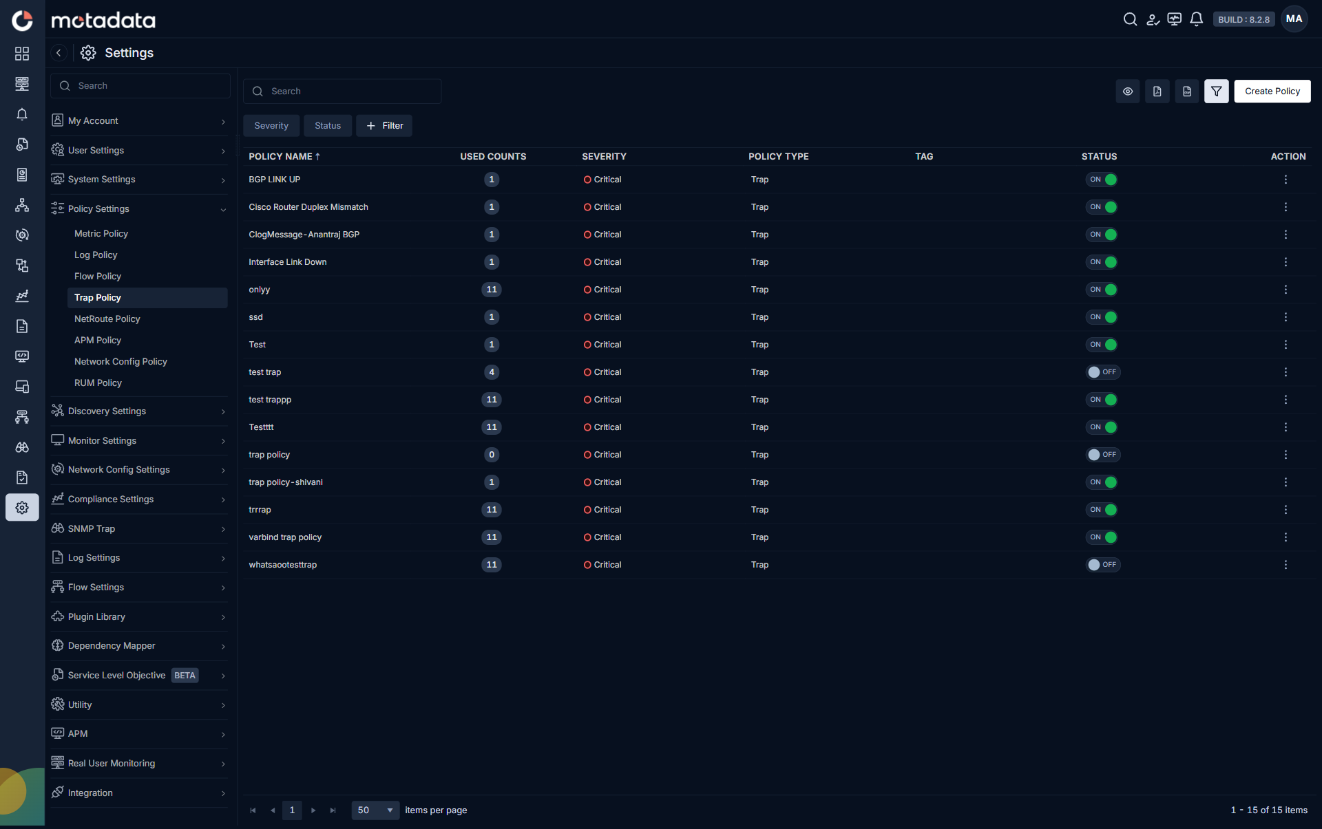 ObserveOps Trap Policy list on 8.2.8 in dark mode
