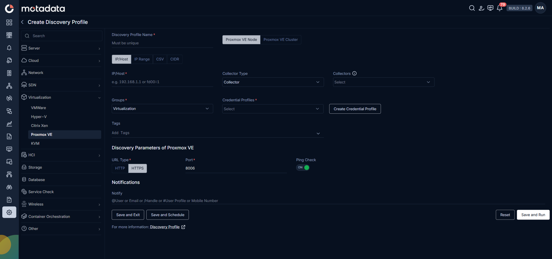 Discovery Profile form with Proxmox VE Node discovery fields visible