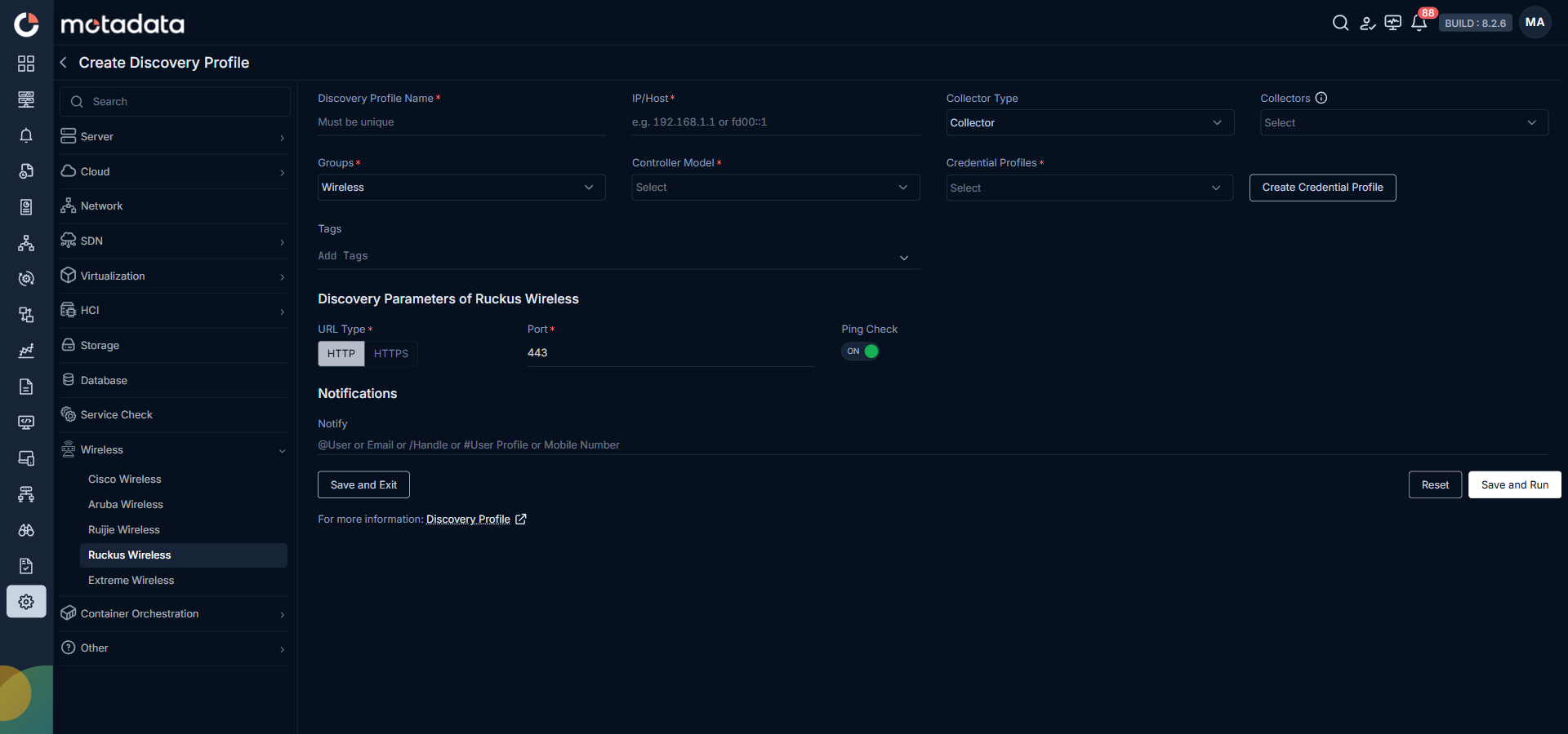 Discovery Profile form with Ruckus Wireless discovery fields visible