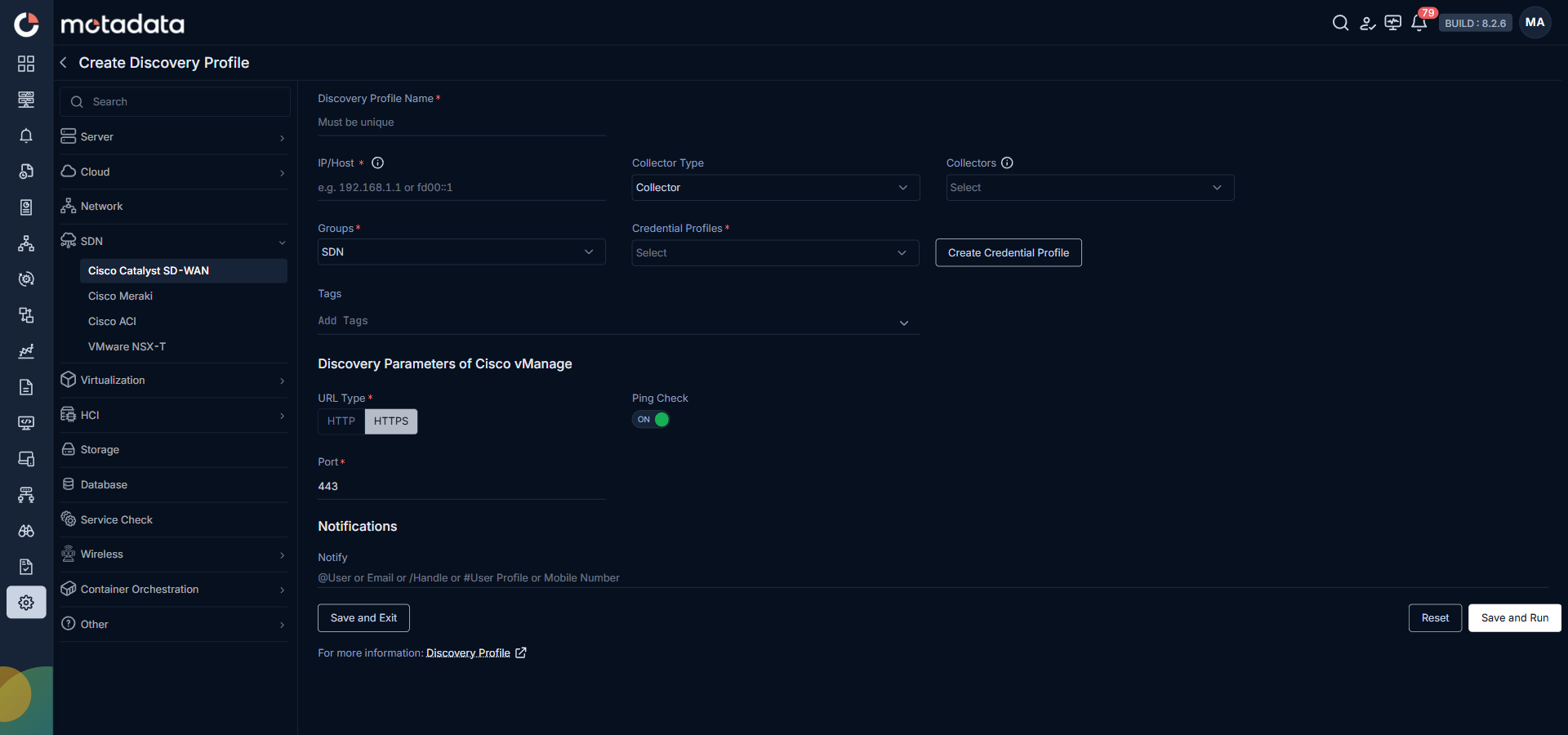 Discovery Profile form with SDN category and Cisco Catalyst SD-WAN selected
