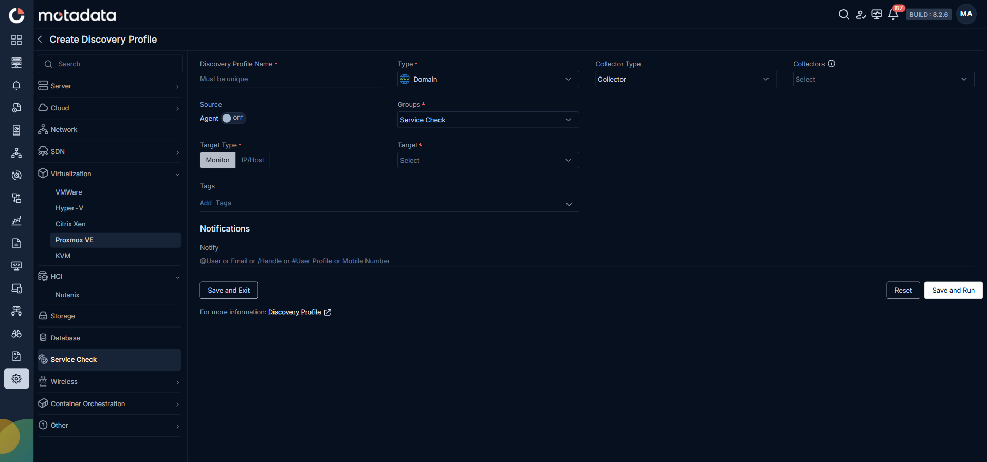 Discovery Profile form filled in for Domain service check
